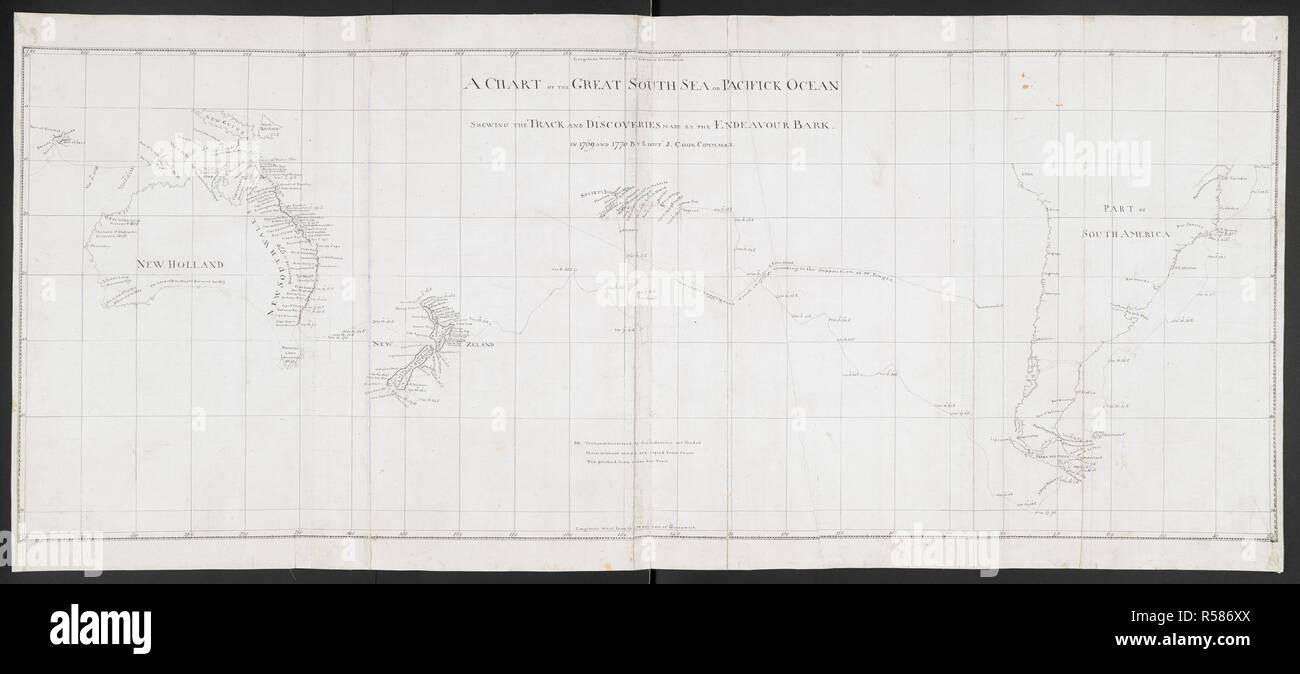 A chart of the Great South Seas or Pacific Ocean, showing the route of the Endeavour. Charts, Plans, Views, and Drawings taken on board the Endeavour during Captain Cook's First Voyage, 1768 - 1771. 1771. (Detail) Map of New Zealand. Part of chart of Great South Seas or Pacific Ocean, showing the route of the Endeavour  Image taken from Charts, Plans, Views, and Drawings taken on board the Endeavour during Captain Cook's First Voyage, 1768 - 1771.  Originally published/produced in 1771. . Source: Add. 7085, No.1. Language: English. Author: COOK, JAMES. PRAVAL, CHARLES. Stock Photo