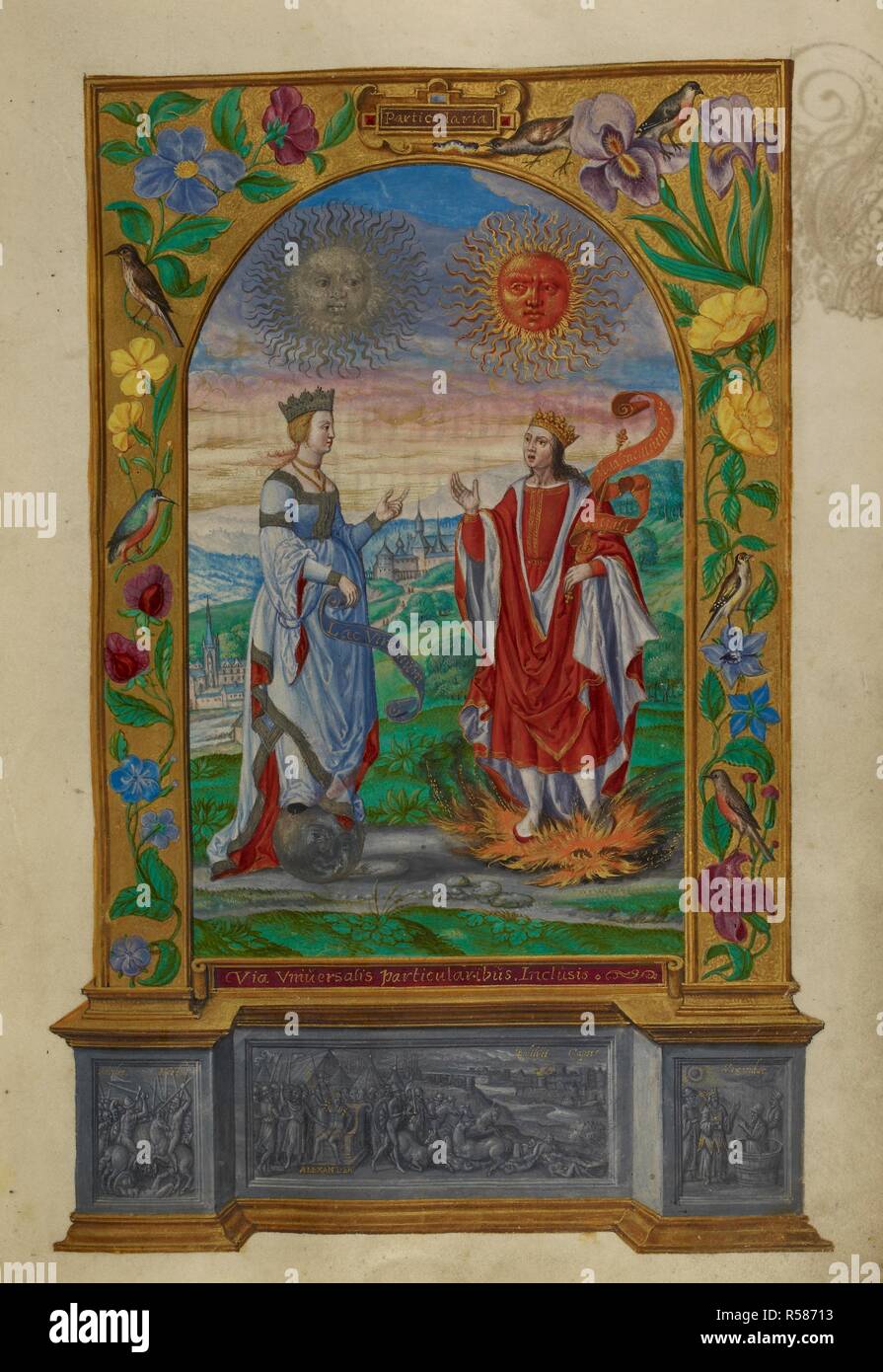 Miniature of a king and queen bearing scrolls; he stands in the midst of a  fire, she stands upon a full moon. Splendor Solis (an alchemical treatise).  Germany; 1582. Source: Harley 3469,