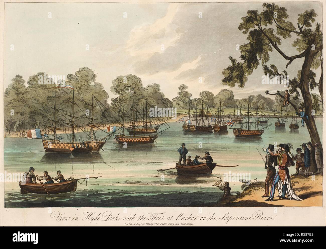 A fleet of ships on the Serpentine River; figures standing on the bank; a small child with a toy ship in the foreground. View in Hyde Park, with the Fleet at Anchor, on the Serpentine River. [London] : Published Augt 12, 1814, by Thos Palser, Surry Side West Bridge, [August 12 1814]. Etching and aquatint with hand-colouring. Source: Maps K.Top.26.6.m. Language: English. Stock Photo