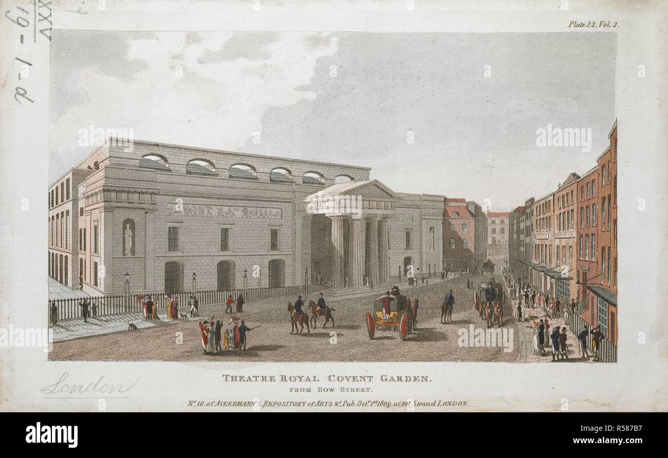 The east front of Theatre Royal from Bow Street; figures standing beneath the entrance portico and on the street; nearby buildings and shop fronts to the right of the theatre. Theatre Royal from Bow street. 101 Strand LONDON., [October 1 1809]. 1 print : etching and aquatint with hand-colouring ; sheet 13.3 x 21.6 cm. Source: Maps.K.Top.25.19.1.d. Stock Photo