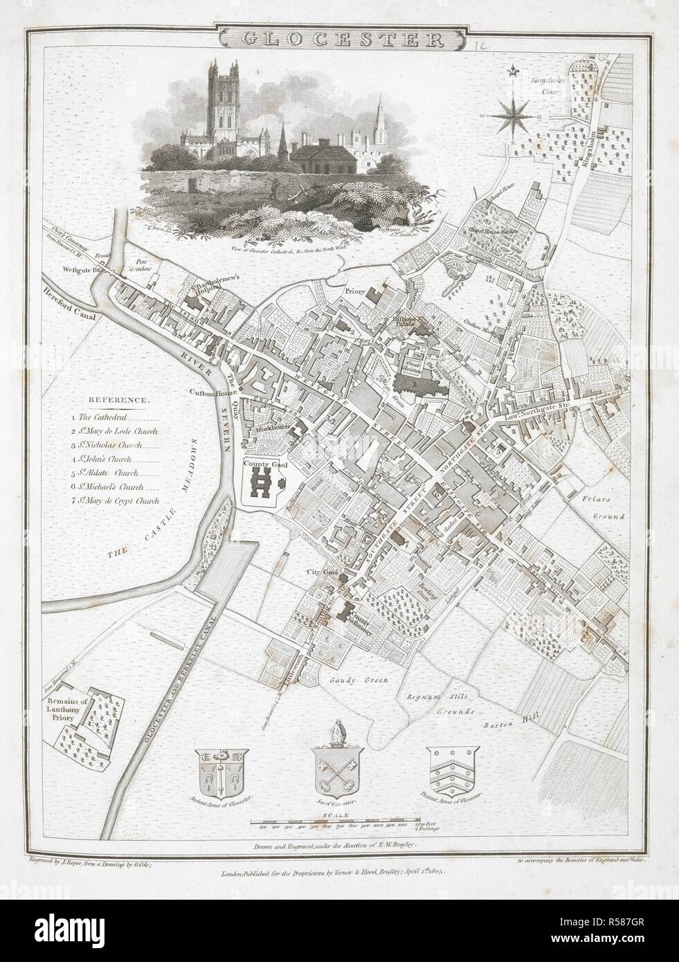A plan of Gloucester. Glocester. Scale, 1320 feet[ = 48 mm.] ... Engraved by J. Roper, from a drawing by G. Cole ... 1805. London : Vernor, Hood, and Sharpe, 1810. Source: Maps 11.b.3, page 71. Language: English. Stock Photo