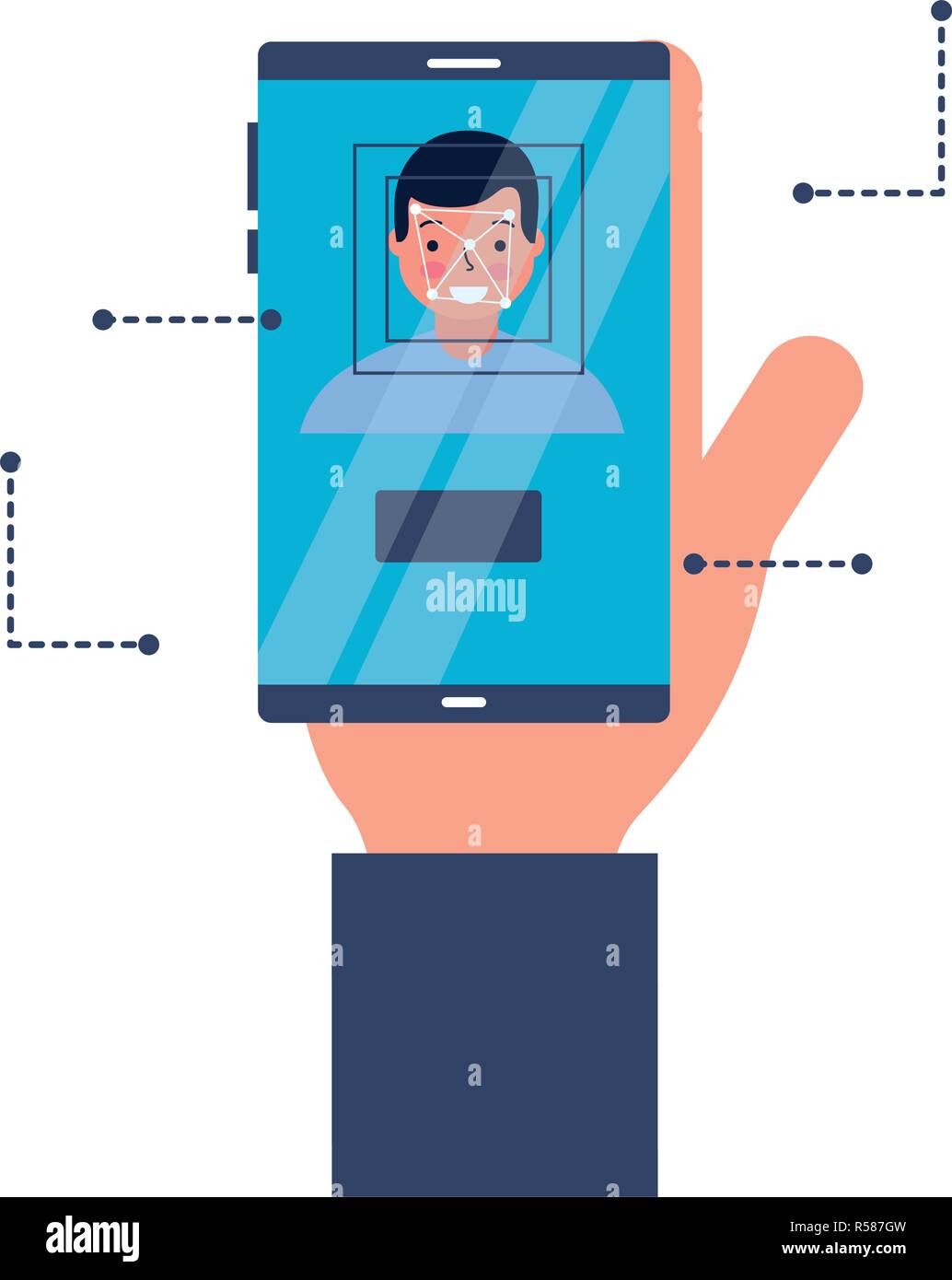 hand with mobile face scan man vector illustration Stock Vector Image ...