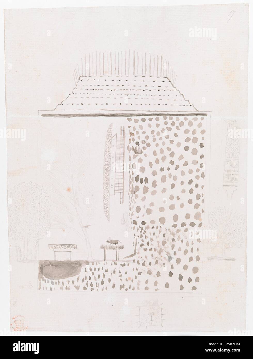 A native building. DRAWINGS, in Indian ink, illustrative of Capt. Cook's first voyage, 1768 -1770, chiefly relating to Otaheite and New Zealand, by A. Buchan, John F. Miller, and others. 1786-1770. Source: Add. 15508 f.15, no.17. Stock Photo