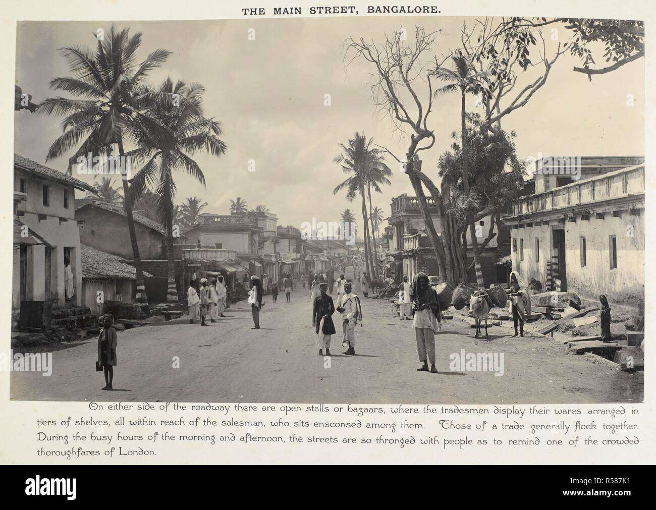 The Main Street, Bangalore. On either side, there are open stalls or bazaars where tradesmen display their wares . Curzon Collection: 'Souvenir of Mysore' Album. 1890s. Photograph. Source: Photo 430/41(88). Language: English. Author: UNKNOWN. Stock Photo