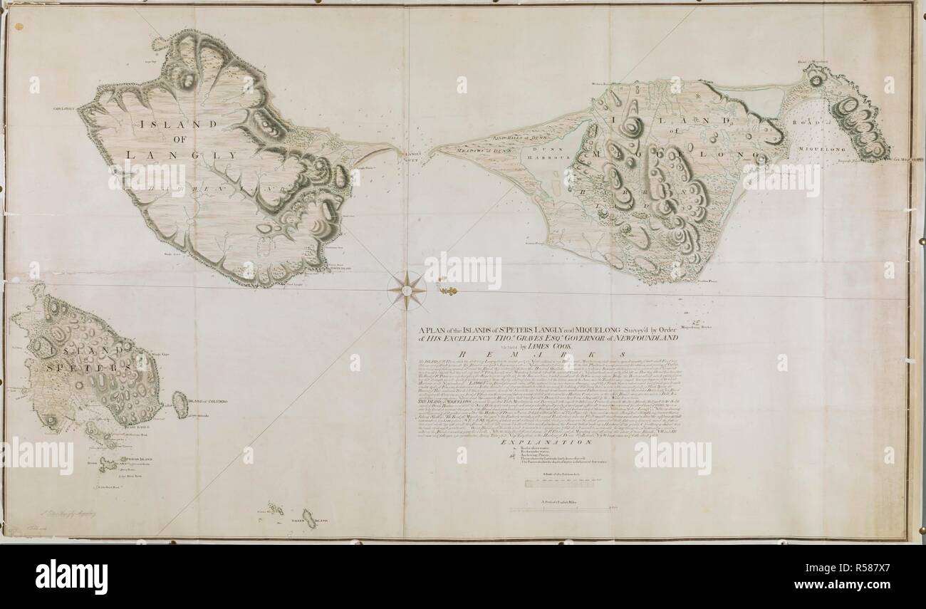 A plan of the Islands of St. Peter's, Langly, and Miquelong. A PLAN of the ISLANDS of ST. PETERS, LANGLY and MIQUELON. [St John's?] : James Cook, [1763.]. Source: Maps K.Top.119.111. Language: English. Stock Photo