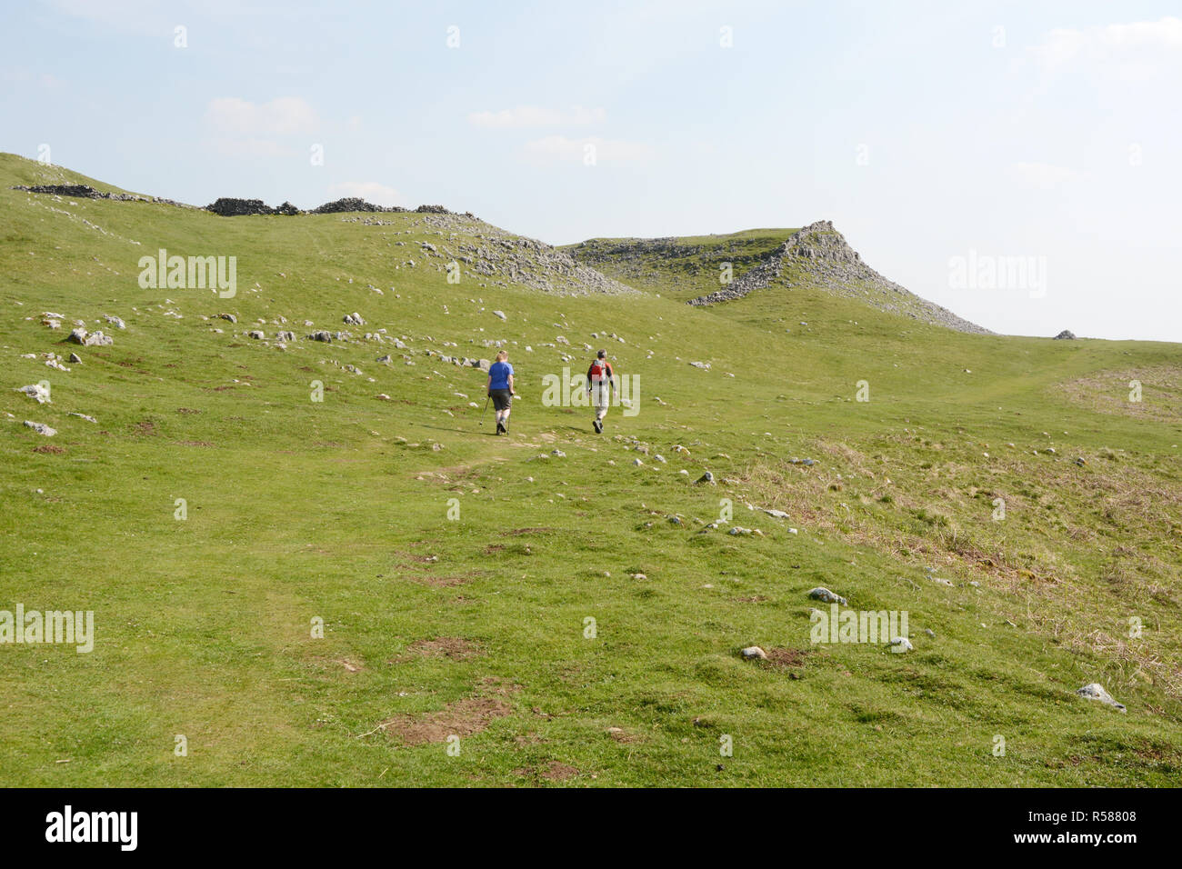 Two hikers walking in the moors along the Dales Way hiking trail in Yorkshire, England, United Kingdom. Stock Photo