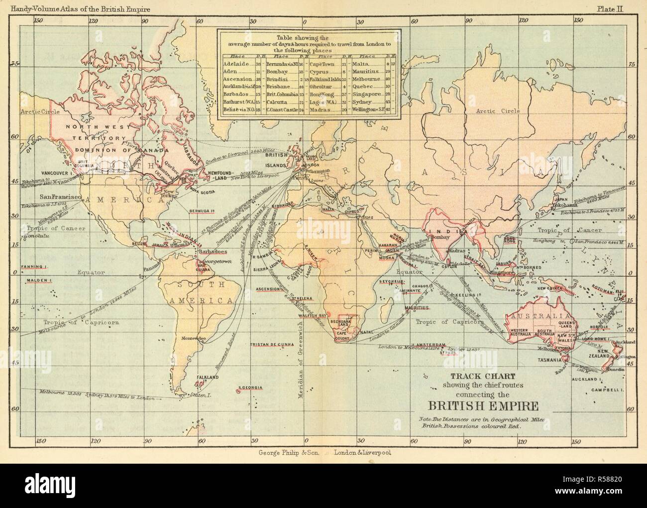 A track chart showing the chief routes connecting the British Empire.  Philips' Handy-Volume Atlas of the British Empire ... By J.F. Williams.  London and Liverpool : G. Philip & Son, 1887. Source: