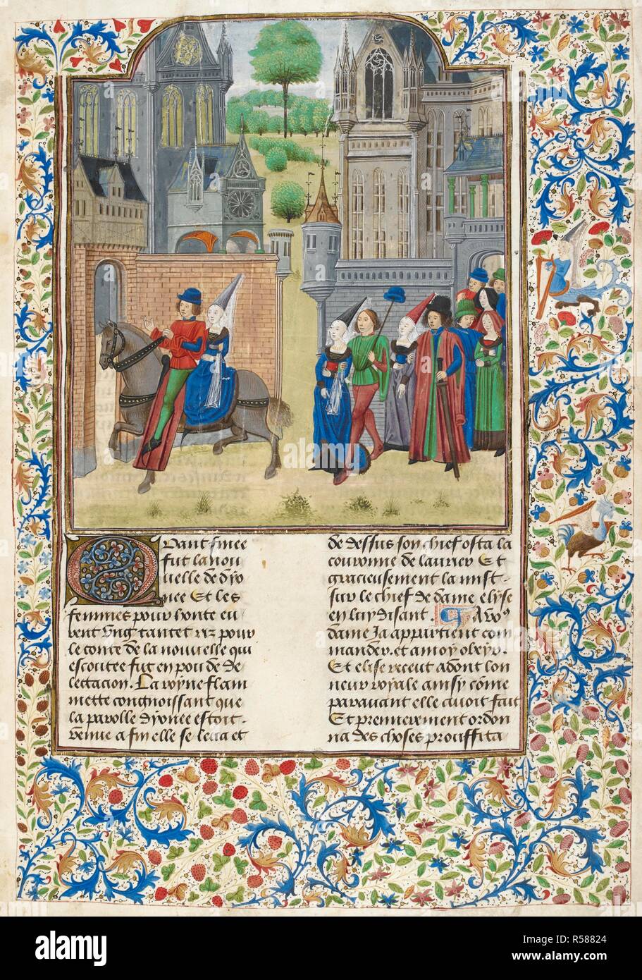 Book VI, chapter 1. The Knight rides with Oretta, telling his story to the people following them on foot. Text with decorated initial. Decameron. Netherlands; circa 1475. Source: Add. 35323, f.1. Language: French. Author: BOCCACCIO, GIOVANNI. Master of the Harley Froissart. Premierfait, Laurent. Stock Photo