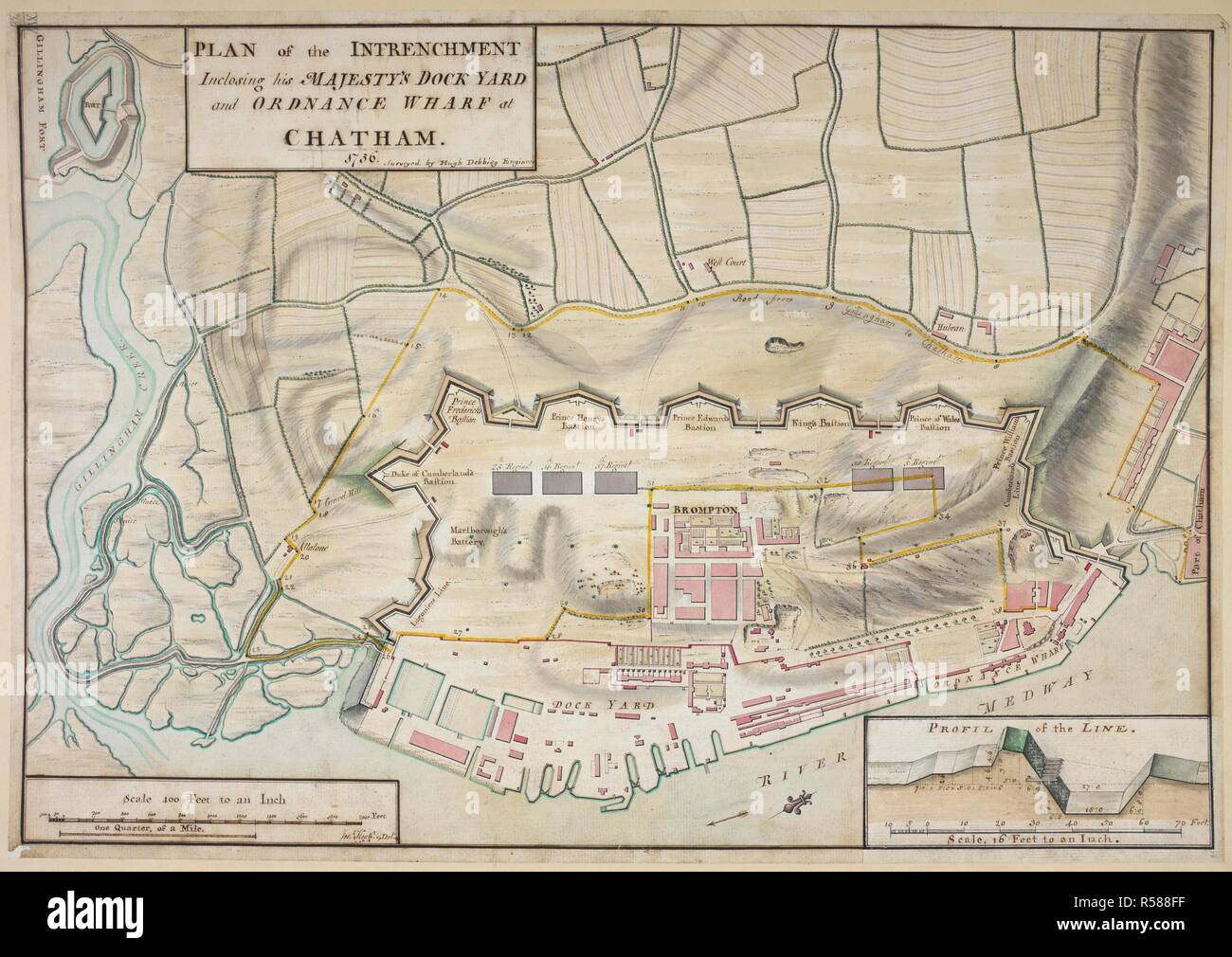 A Coloured Plan Of The Intrenchment Enclosing His Majesty S Dockyard And The Ordnance Wharf At Chatham 1756 A Scale Of 400 Feet To An Inch Source Maps K Top 16 40 Language English Stock Photo