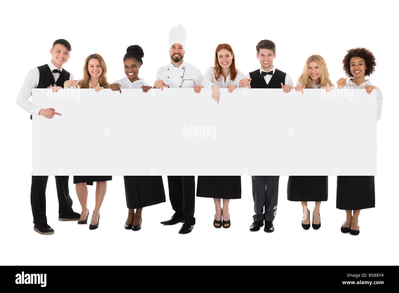 Restaurant Staff Holding Long Blank Banner Stock Photo