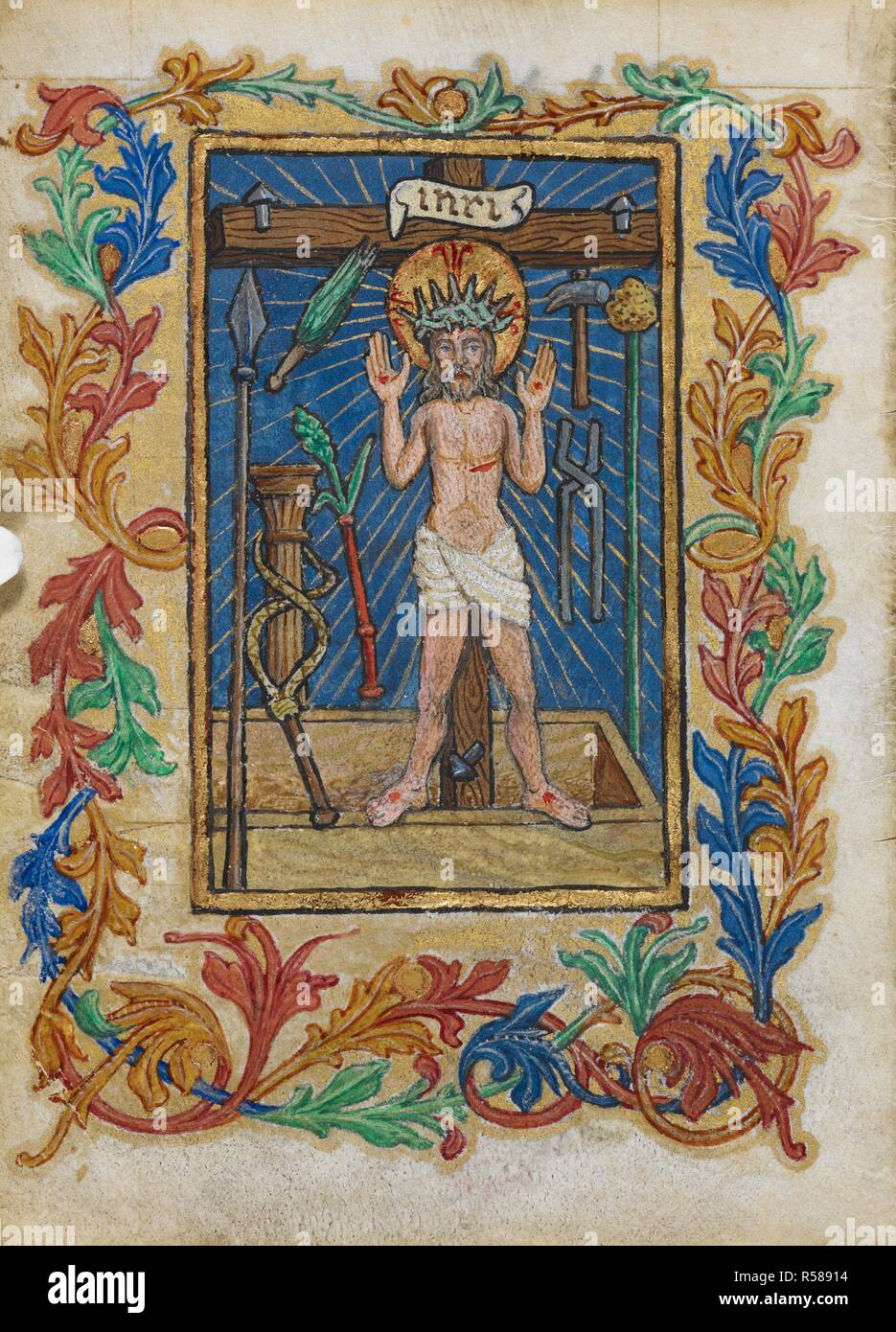 [Whole folio] Christ standing in front of the cross showing his wounds, with instruments of the passion. Produced for Alexander, son of Casimir IV, King of Poland. Prayer book of King Alexander. [Poland?]; 1491.    . Source: Add. 38603, f.15v. Language: Latin. Author: Zlotcowski, Johannes, scribe. Stock Photo