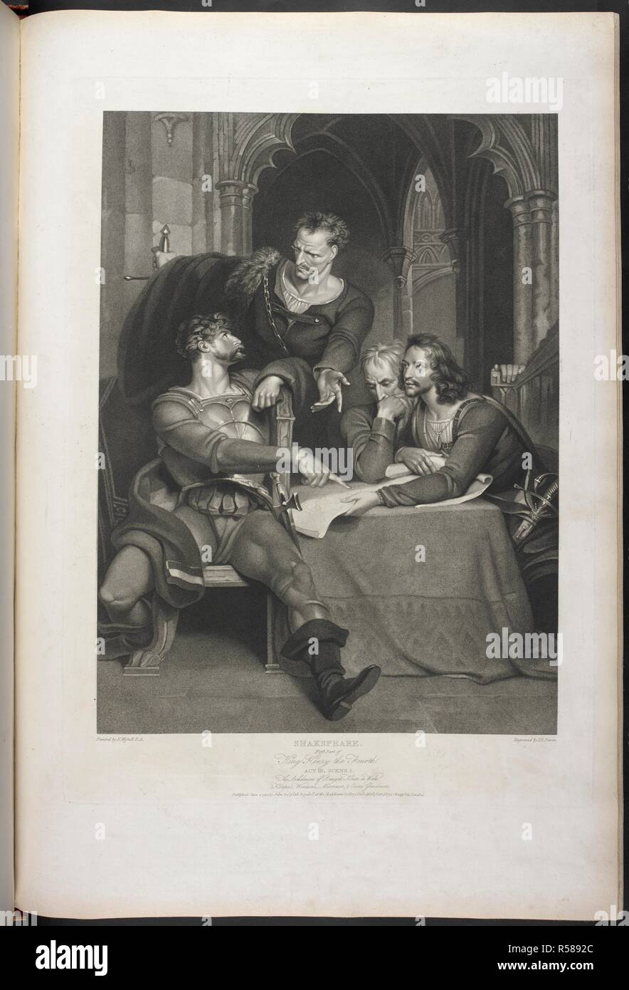 First part of Henry IV. Act III. Scene I. Hotspur, Worcester, Mortimer and Owen Glendower discuss matters at the Archdeacon of Bangor's house, in Wales. . A Collection of Prints, from pictures painted for the purpose of illustrating the Dramatic Works of Shakspeare, by the Artists of Great Britain. London : J. & J. Boydell, 1803. Source: Tab.599.c plate 46. Language: English. Author: SHAKESPEARE, WILLIAM. Westall, R. Simon, J. P. Stock Photo