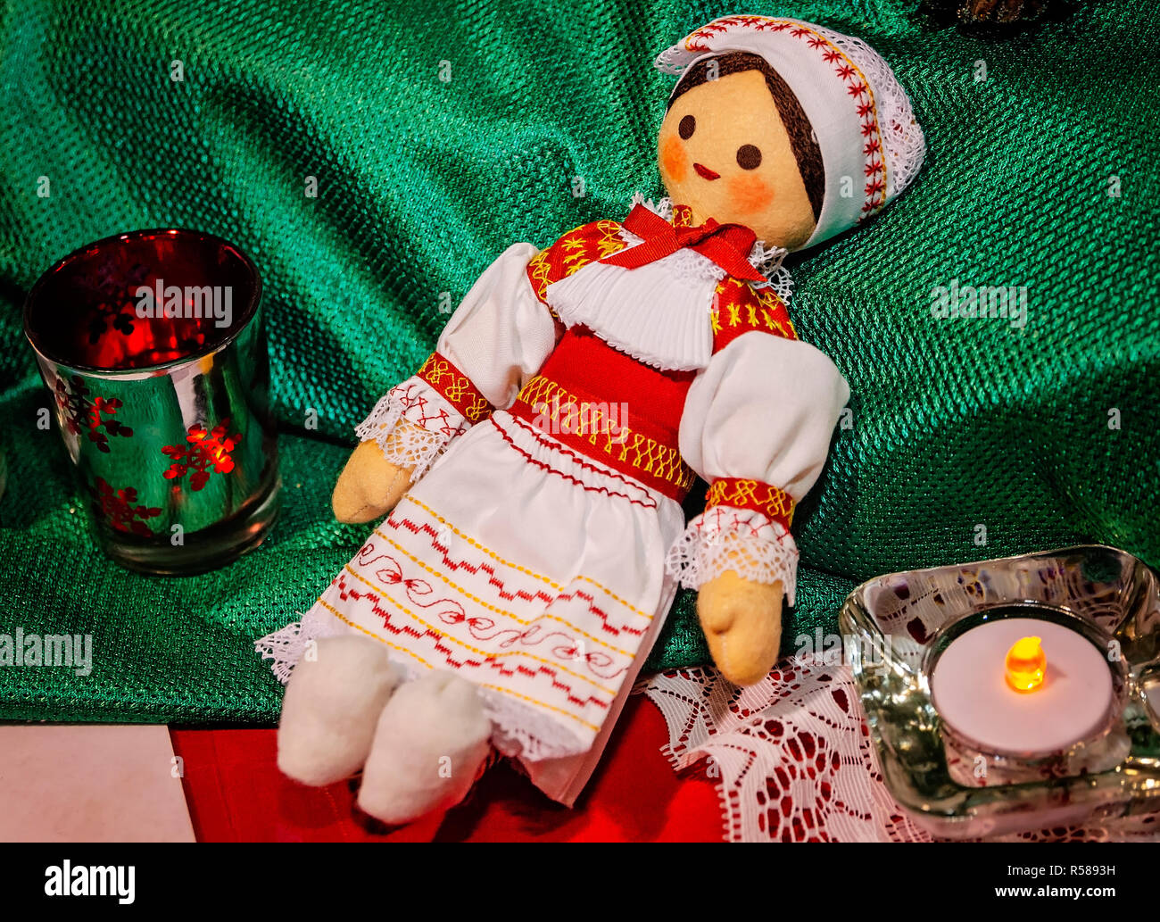A handmade doll souvenir from Slovakia is displayed at the 34th annual Mobile International Festival, Nov. 17, 2018, in Mobile, Alabama. Stock Photo