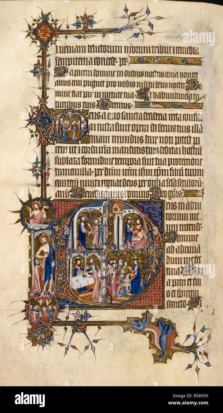 Historiated initial 'D'(eus): the faifhful pray, historiated initial 'D'(eus) at Prime: Christ healing a man possessed (Luke 4:35), Christ healing Simeon's wife's mother of a fever (Luke 4:39), Simeon's wife's mother feeding Christ (Luke 4:39), Christ healing the sick (Luke 4:40). In the border, the Resurrection, the Ascension and the incredulity of Thomas. Psalter, Use of Sarum ('The Bohun Psalter and Hours'), imperfect. England (S. E., London?); 2nd half of the 14th century, after 1356, and probably before 1373. Source: Egerton 3277, f.120v. Stock Photo