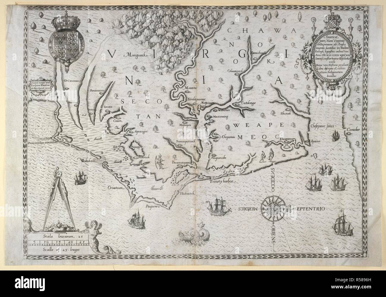 Map of Virginia, 1590. [America.-Part I.-English.] A briefe and true report of the new found land of Virginia, of the commodities and of the nature and manners of the naturall inhabitants. Discouered by the English Colony there seated by Sir R. Greinuile In 1585 This fore booke is made in English by Thomas Hariot. Frankfurt, 1590. Source: C.38.i.18, page 5. Language: English. Author: DE BRY, THEODOR. Stock Photo