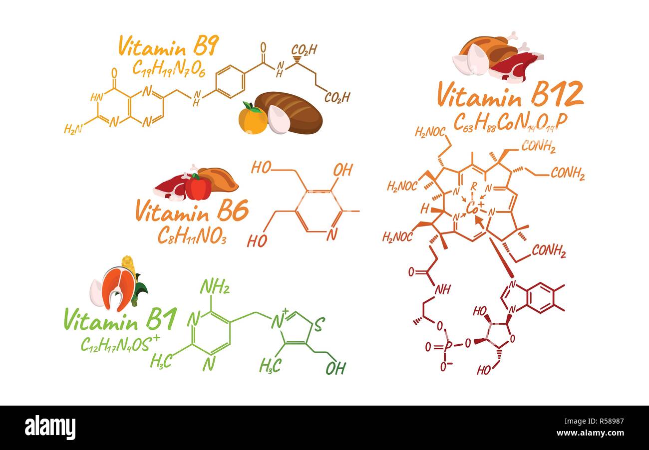 Vitamin Complex with Food B1, B6, B9, B12 Label and Icon. Chemical Formula  and Structure Logo. Vector Illustration Stock Vector Image & Art - Alamy