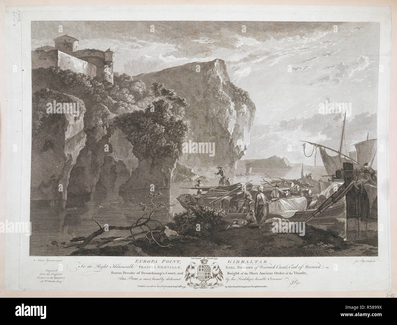 A view of the Rock of Gibraltar with barges and merchants in Oriental costume in the foreground. Europa Point, Gibraltar : To the Right Honourable FRANCIS GREVILLE, EARL BROOKE of Warwick Castle, Earl of Warwick, Baron Brooke of Beauchamp's Court, and Knight of the Most Ancient Order of the Thistle, This Print is most humbly dedicated by his Lordship's humble Servant. Pye. [London] : Publish'd accord.g to Act of Parliament Sept.r 18.th 1773, by John Boydell, Engraver, in Cheapside, London, [September 18 1773]. Source: Maps K.Top.72.48.o. Language: English. Stock Photo