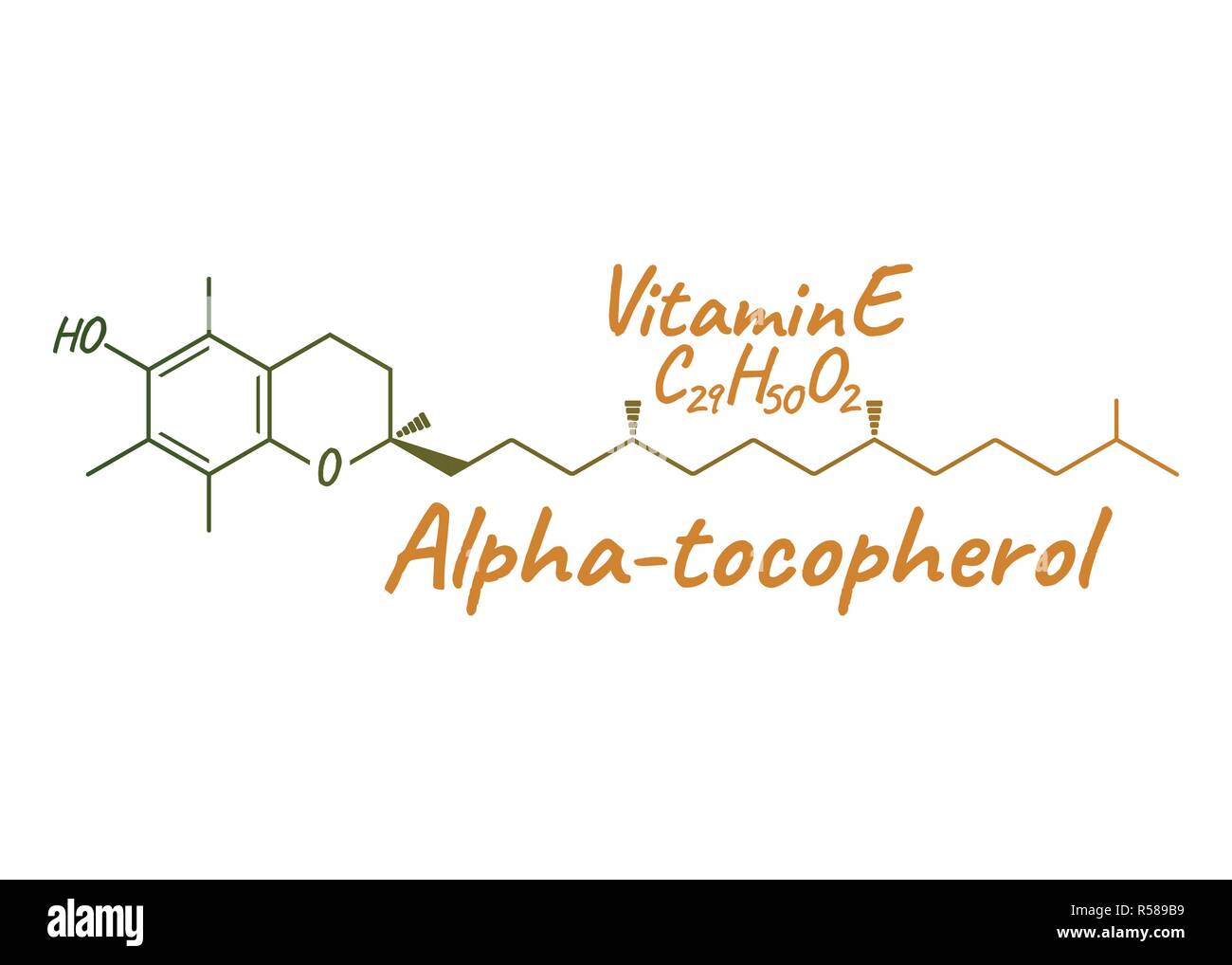 Vitamin E, Alpha Tocopherol Label and Icon. Chemical Formula and