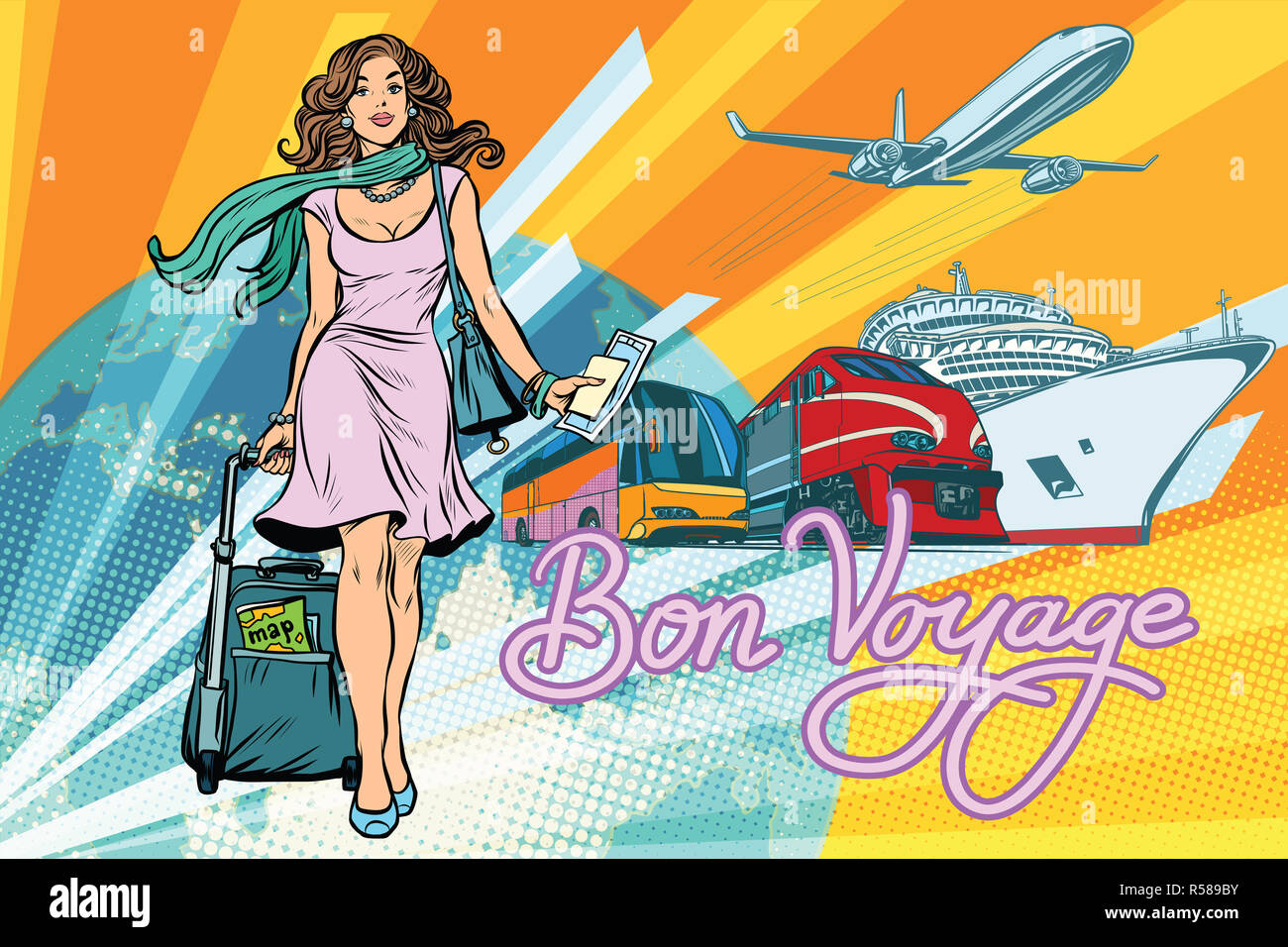 Beautiful woman passenger tourist bus train cruise ship and plan Stock ...