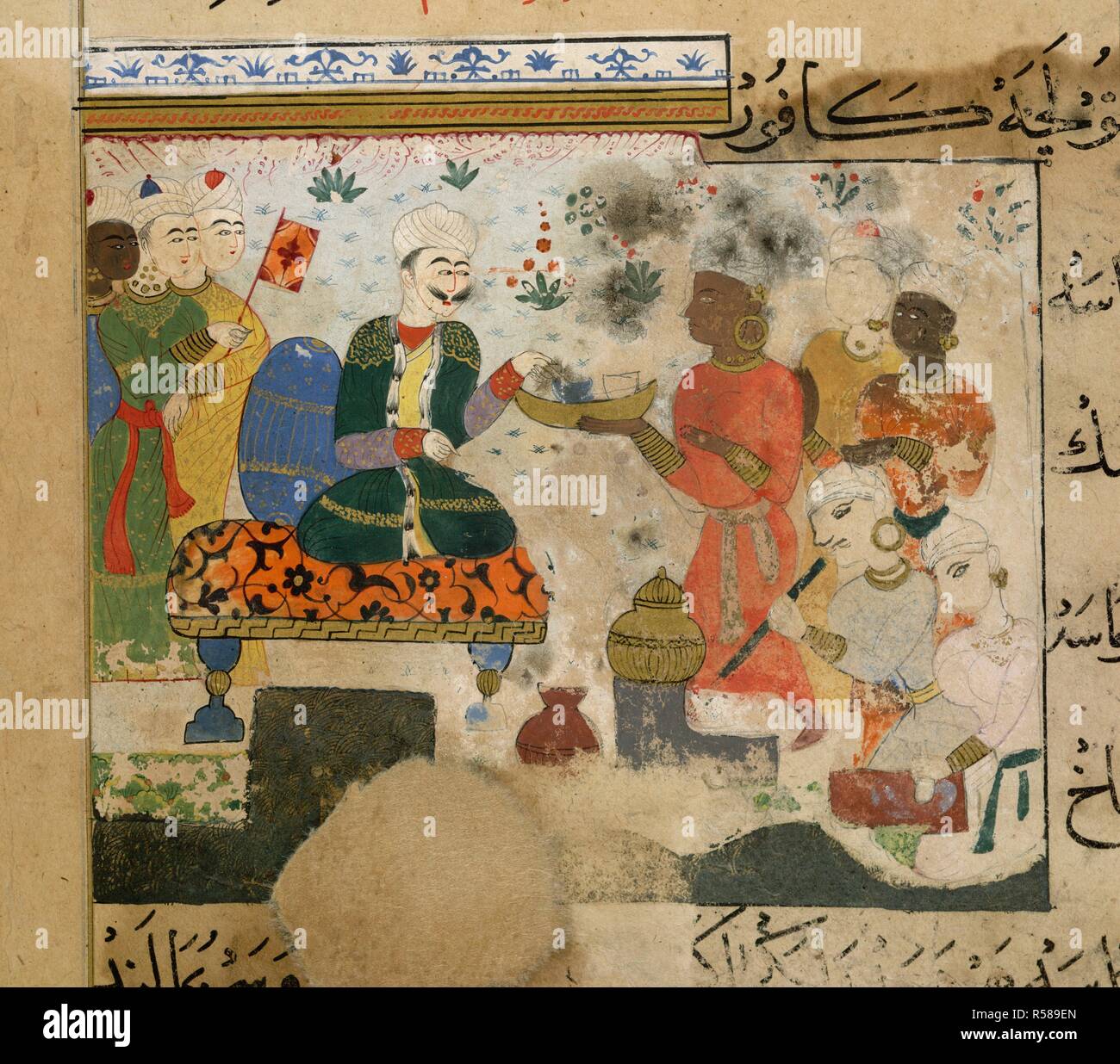 Preparation of perfume. The Ni'matnama-i Nasir al-Din Shah. A manuscript o. 1495 - 1505. Preparation of perfume for the Sultan Ghiyath al-Din. Opaque watercolour. Sultanate style.  Image taken from The Ni'matnama-i Nasir al-Din Shah. A manuscript on Indian cookery and the preparation of sweetmeats, spices etc.  Originally published/produced in 1495 - 1505. . Source: I.O. ISLAMIC 149, f.168. Language: Persian. Stock Photo
