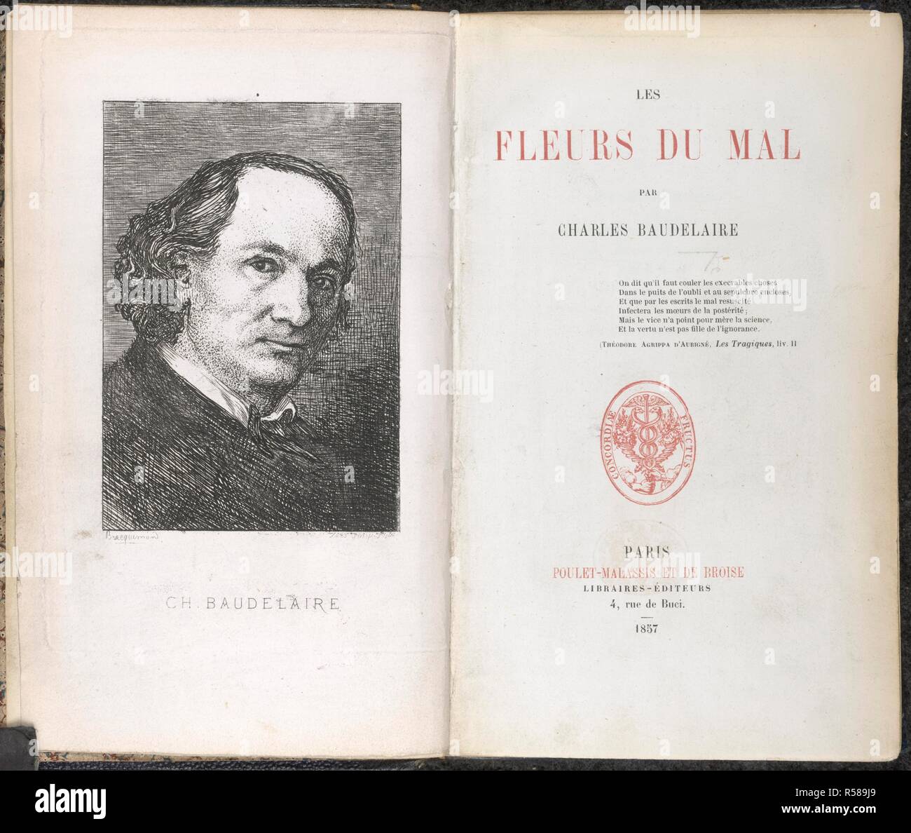 Charles Pierre Baudelaire. Les Fleurs du mal. [Poems. With a portrait.].  Paris, 1857. Charles Pierre Baudelaire (1821-1867). French symbolist poet.  Portrait.Title page of his major work. Image taken from Les Fleurs du