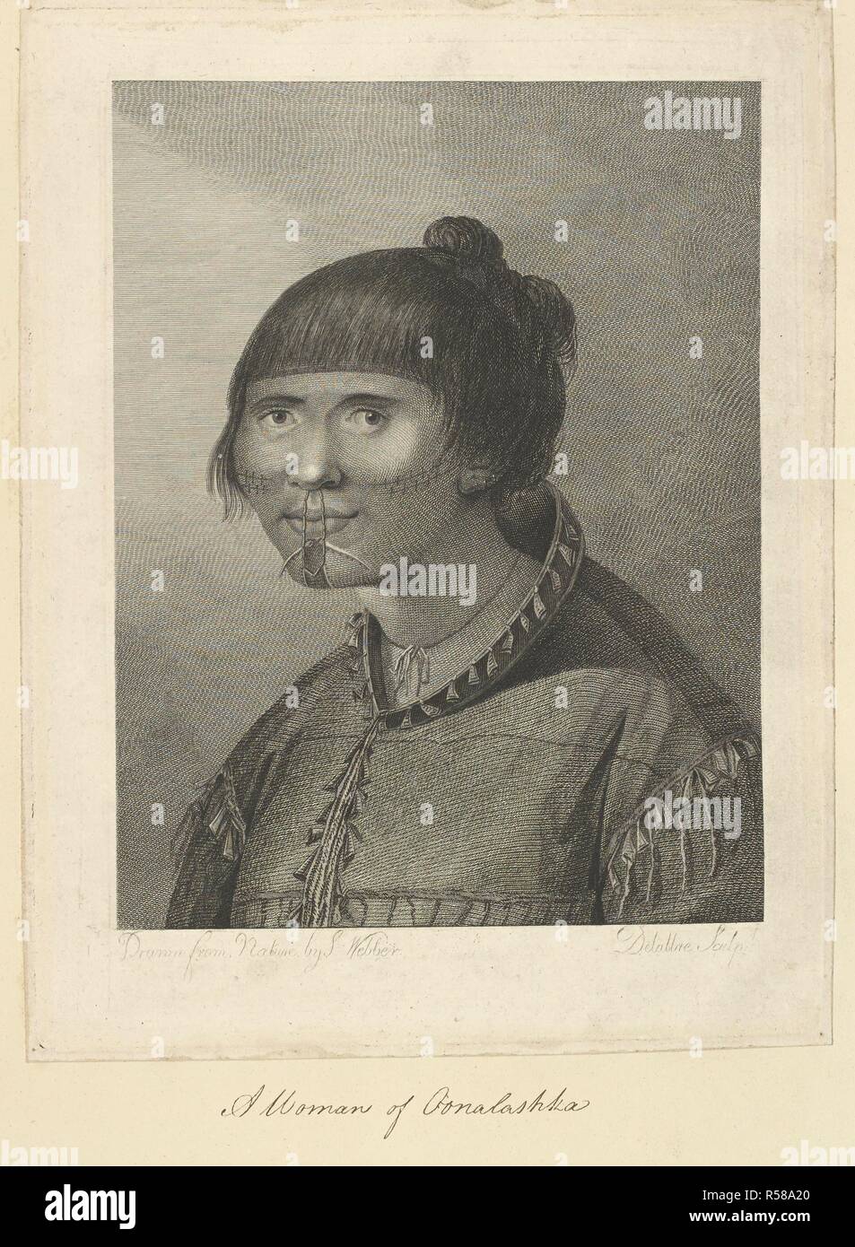 A woman of Oonalashka. Drawn from nature by J. Webber, and engraved by Jean-Marie Delatre. Drawing of the head and shoulders of a woman looking three-quarters left. She is wearing a close-fitting seal-skin coat from the seams of which hang pendant beads. Her hair is tied in a knot at the back of the head, and worn as a fringe across the forehead. There are tattoo lines across both cheeks, and nose and chin ornaments. The lower lip is perforated. A collection of drawings by A. Buchan, S. Parkinson, and J. F. Miller, made in the Countries visited by Captain James Cook in his First Voyage [1768-1 Stock Photo