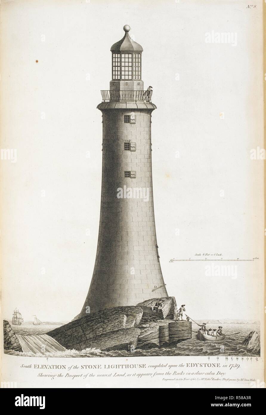 'South elavation of the stone lighthouse, completed upon the Edystone in 1759'. This was the third lighthouse erected on the Eddystone rocks, south of Rame Head, off the coast of Britain. A Narrative of the building, and a description of the construction of the Edystone Lighthouse ... To which is subjoined an appendix, giving some account of the Lighthouse on the Spurn Point. London : G. Nicol, 1791. Source: 191.g.4 plate 8. Author: Smeaton, John. Stock Photo