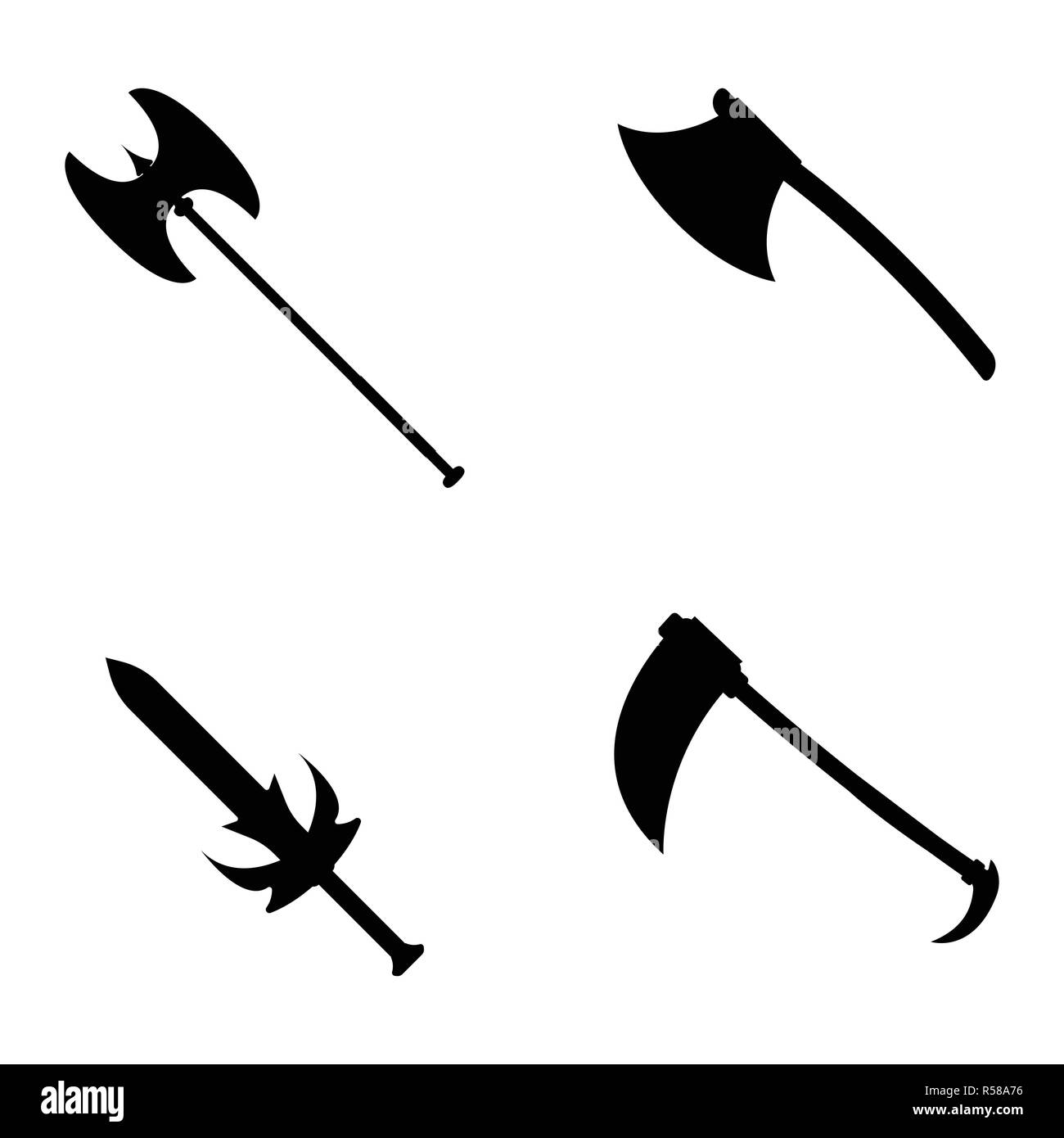 Set of weapon icon. Label of fantasy and medieval weapon. Simple style ...