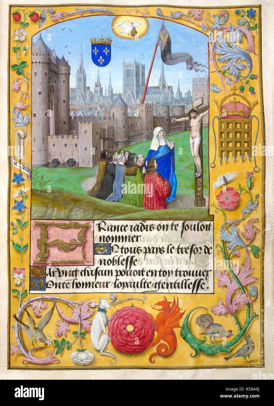 Miniature of the Crucifixion with the walled city of Paris in the distance. The Royal arms of France, the Oriflame and a dove of the holy spirit holding an ampoule in the sky, with a full border containing a crowned Beaufort's badge of Portcullis. An ostrich feather with a motto 'Ic dene', and a red rose supported by a white greyhound and a red dragon; and an illuminated initial 'F'(rance). Poems; Art d'amour; Les demands d'amour; Le liver dot grace entire sure le fait du government d'un prince. Netherlands, S. (Bruges); 3rd quarter of the 15th century, before 1483. Source: Royal 16 F. II, f.8 Stock Photo