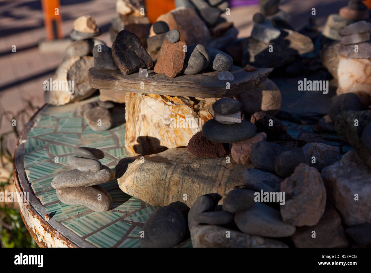 Stacked rocks at Integratron in Landers, CA Stock Photo