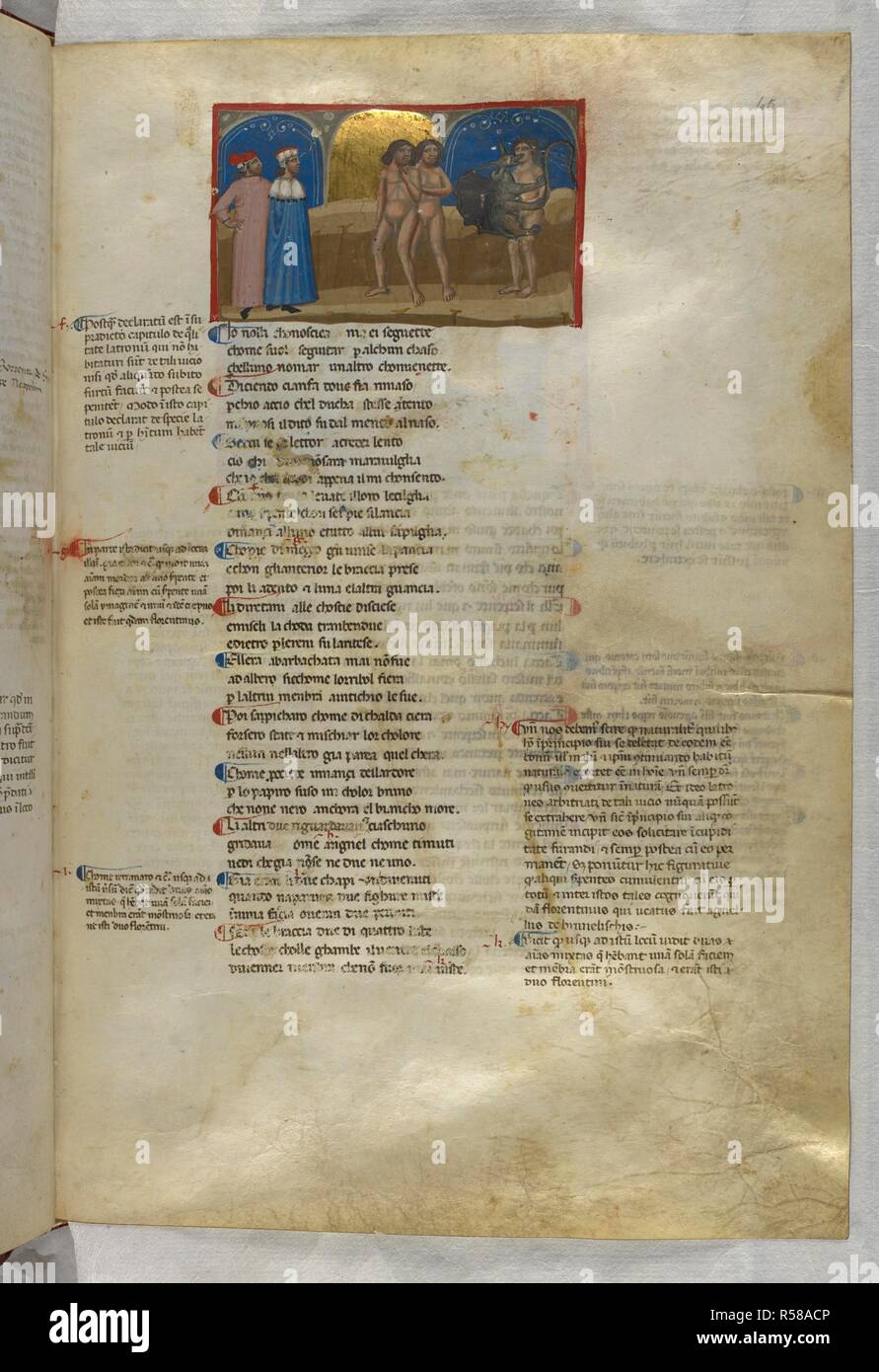 Inferno: A sinner is attacked by a dragon. Dante Alighieri, Divina Commedia ( The Divine Comedy ), with a commentary in Latin. 1st half of the 14th century. Source: Egerton 943, f.45. Language: Italian, Latin. Stock Photo