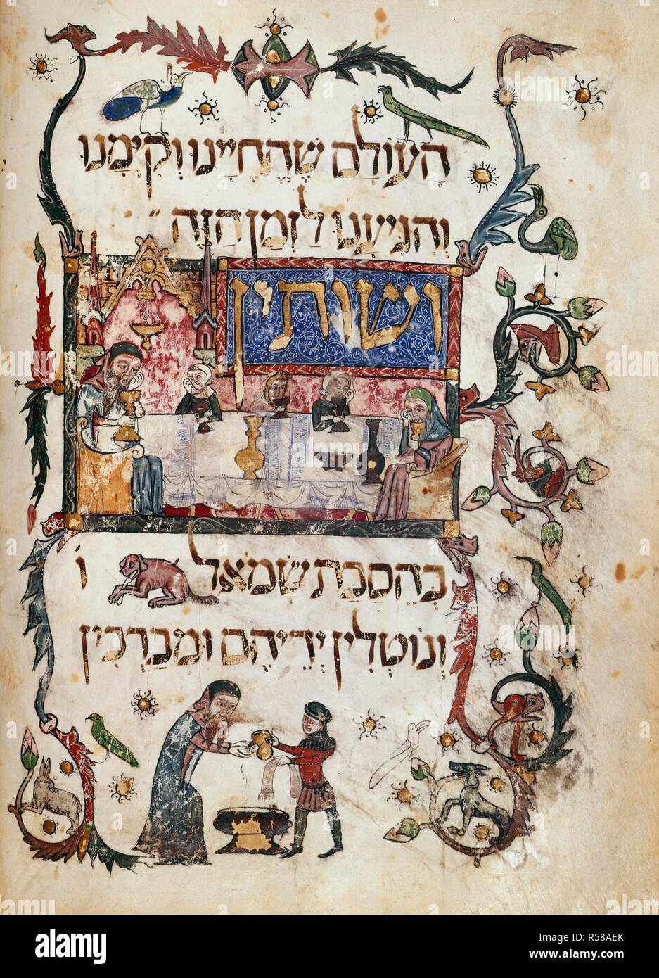 Passover scene. Barcelona Haggadah. Catalonia, 14th century. A family celebrating the feast of Passover. Vellum manuscript.  Image taken from Barcelona Haggadah.  Originally published/produced in Catalonia, 14th century. . Source: Add. 14761, f.19v. Language: Hebrew. Stock Photo