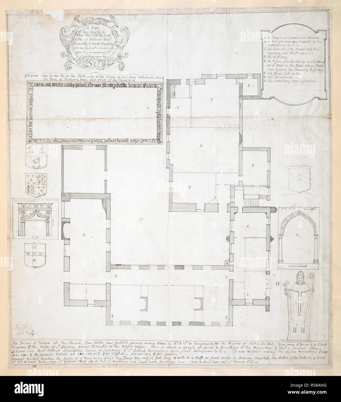 A plan, in Indian ink, of Ivy Church, in the parish of Alderbury. A Plan of Ivy-Church in Wiltshire : now the Seat of Pierce A'Court Esqr. Anciently a Small Monastery. [England] : [publisher not identified], [between 1720 and 1780?]. Source: Maps K.Top.43.42.4. Language: English. Stock Photo