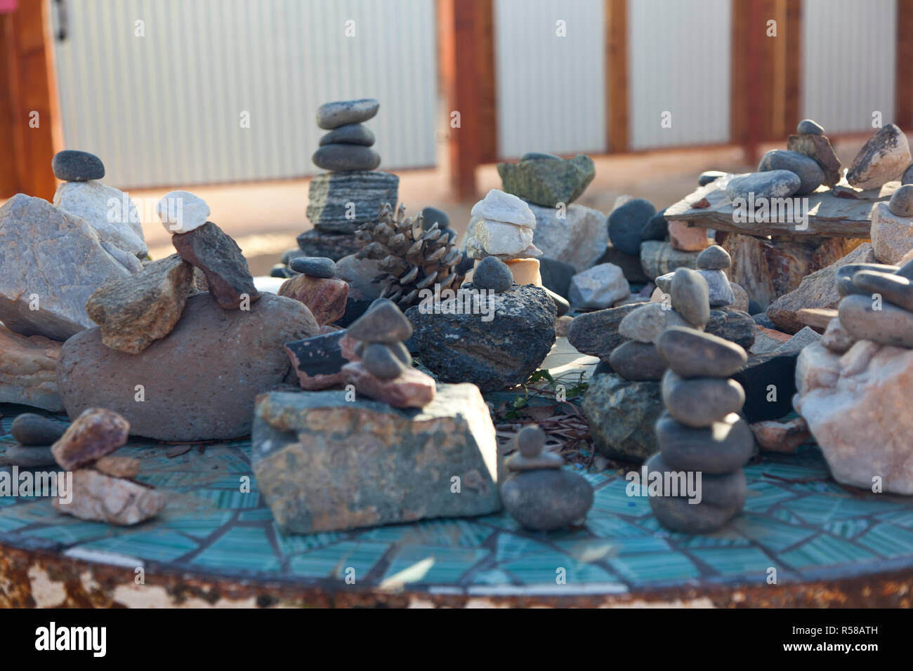 Stacked rocks at Integratron in Landers, CA Stock Photo