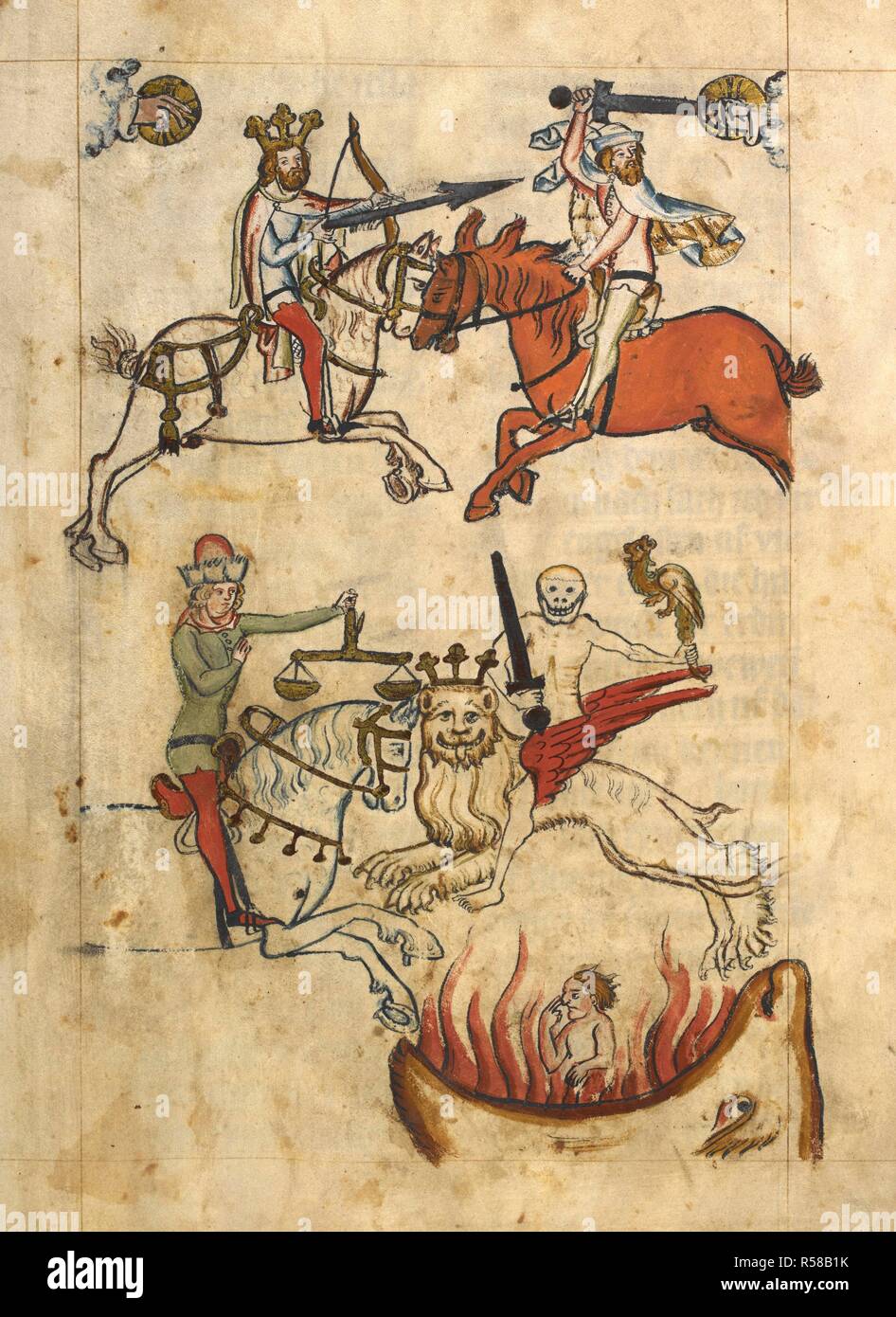 The Four Riders, the fourth a skeleton mounted on a crowned lion (Rev. 6:1-8). Apocalypse, in German. c 1350-c 1370. Source: Add. 15243 f.12. Stock Photo