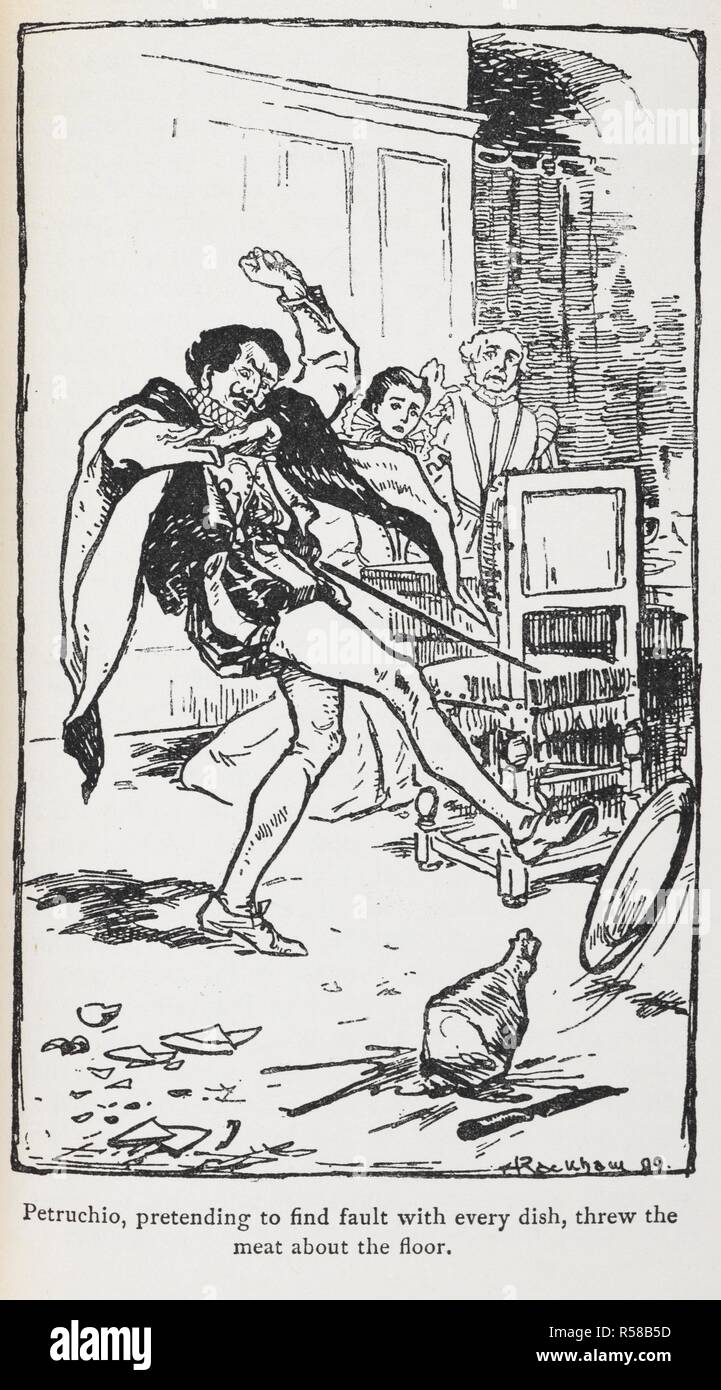 Illustration of Petruchio from The Taming of the Shrew. Tales from Shakespeare. (With illustrations by Arthur Rackham.). London: JM Dent & Co (1906). 'Petruchio, pretending to find fault with every dish, threw the meat about the floor.'. Source: 12206.p.1/10 facing page 176. Author: RACKHAM, ARTHUR. LAMB, Charles. Stock Photo