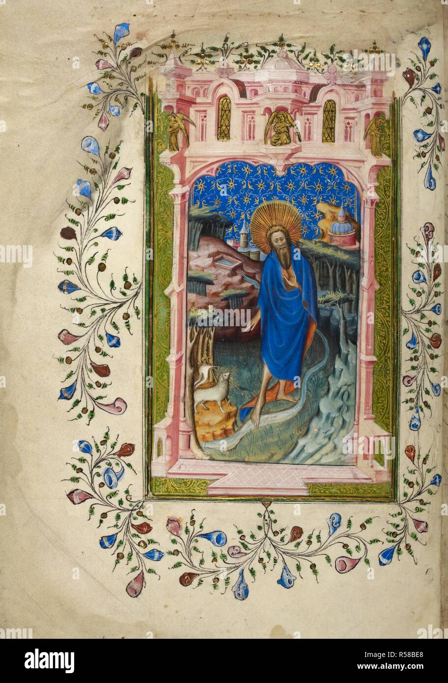 Miniature of John the Baptist, with Agnus Dei . Added prayers to saints. England, S. E. (London) and Netherlands, S. (Bruges); after 1401, before 1415. Source: Royal 2 A. XVIII, f.3v. Language: Latin. Stock Photo