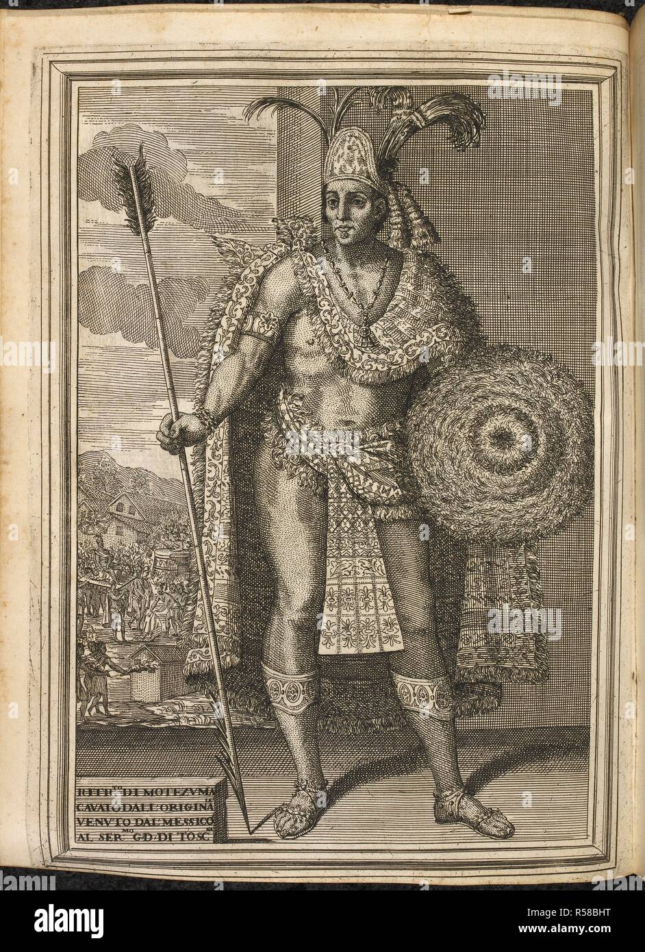 Moctezuma II (c. 1466 â€“ 29 June 1520), also known by a number of variant spellings including Montezuma, Moteuczoma, Motecuhzoma and referred to in full by early Nahuatl texts as Motecuhzoma Xocoyotzin (Moctezuma the Young). he was killed during the initial stages of the Spanish conquest of Mexico, when Conquistador HernÃ¡n CortÃ©s and his men fought to escape from the Aztec capital Tenochtitlan. Istoria della conquista del Messico ... scritta in Castigliano ... e tradotta in Toscano da un' Accademico della Crusca [F. Corsini]. Firenze, 1690. Source: 1446.k.18, page 299. Author: Solis y Ribad Stock Photo