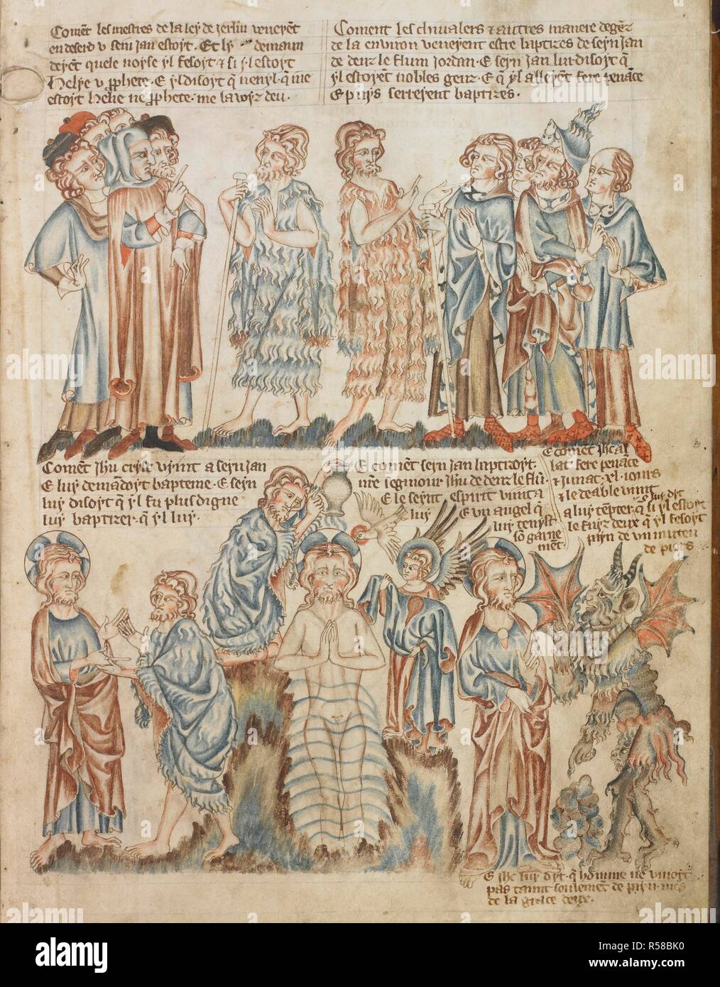 St John the Baptist preaching to five scholars and to wealthy nobles; the baptism of Christ; the Devil tempting Christ. Holkham Bible Picture Book. England, circa 1320-1330. Source: Add. 47682, f.19. Stock Photo