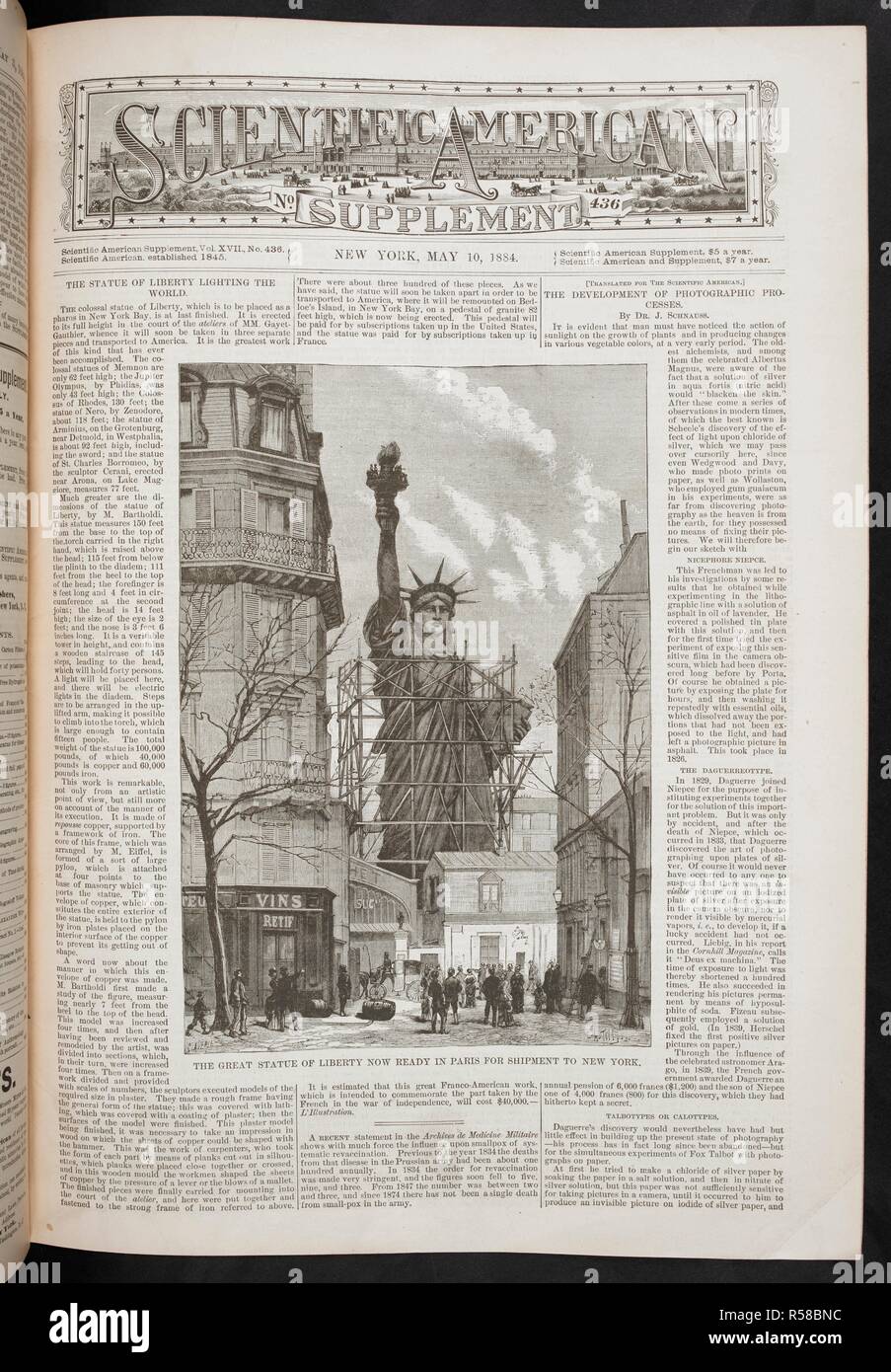 Article on the Statue of Liberty. Illustration showing 'the great Statue of Liberty now ready in Paris for shipment to New York.'  . Scientific American. Supplement. New York : [Munn and Co., etc.] May, 10,1884. Source: P.P.1612.fa, vol.XVII, no.436. Stock Photo