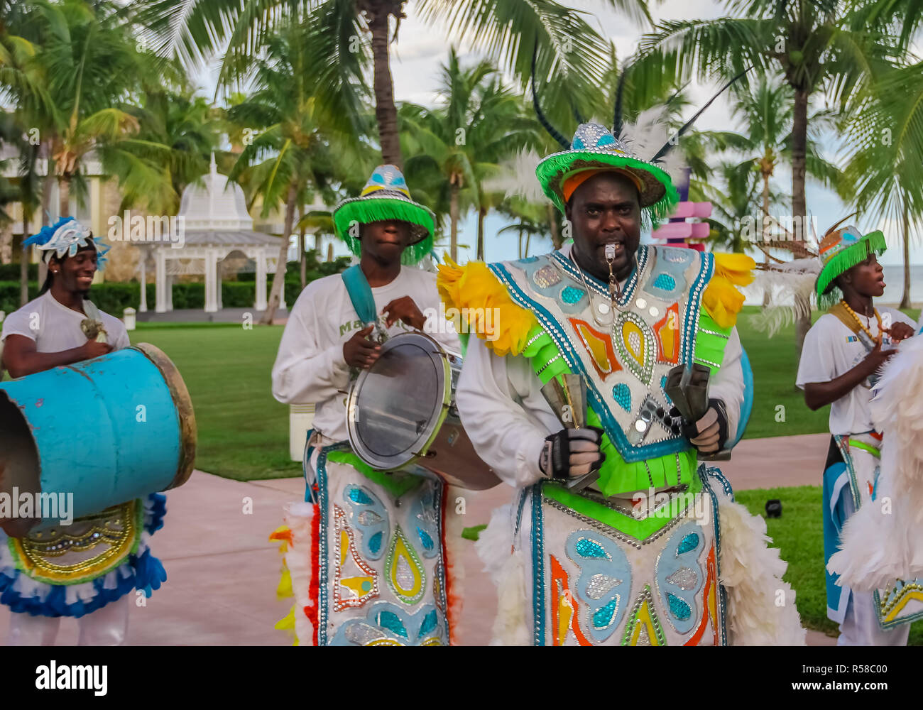 Freeport Bahamas - September 22, 2011: Male dancers dressed in traditional costumes performing at a Junkanoo festival in Freeport, Bahamas Stock Photo