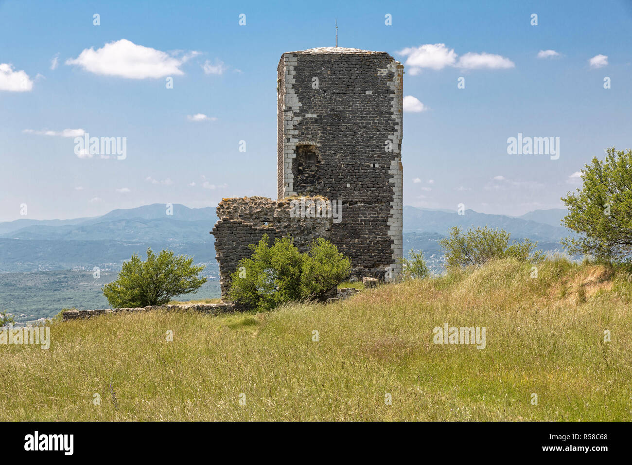 medieval fortified tower in the village of mirabel,southern france Stock Photo