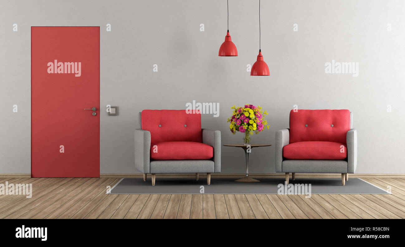 Red and gray modern living room Stock Photo