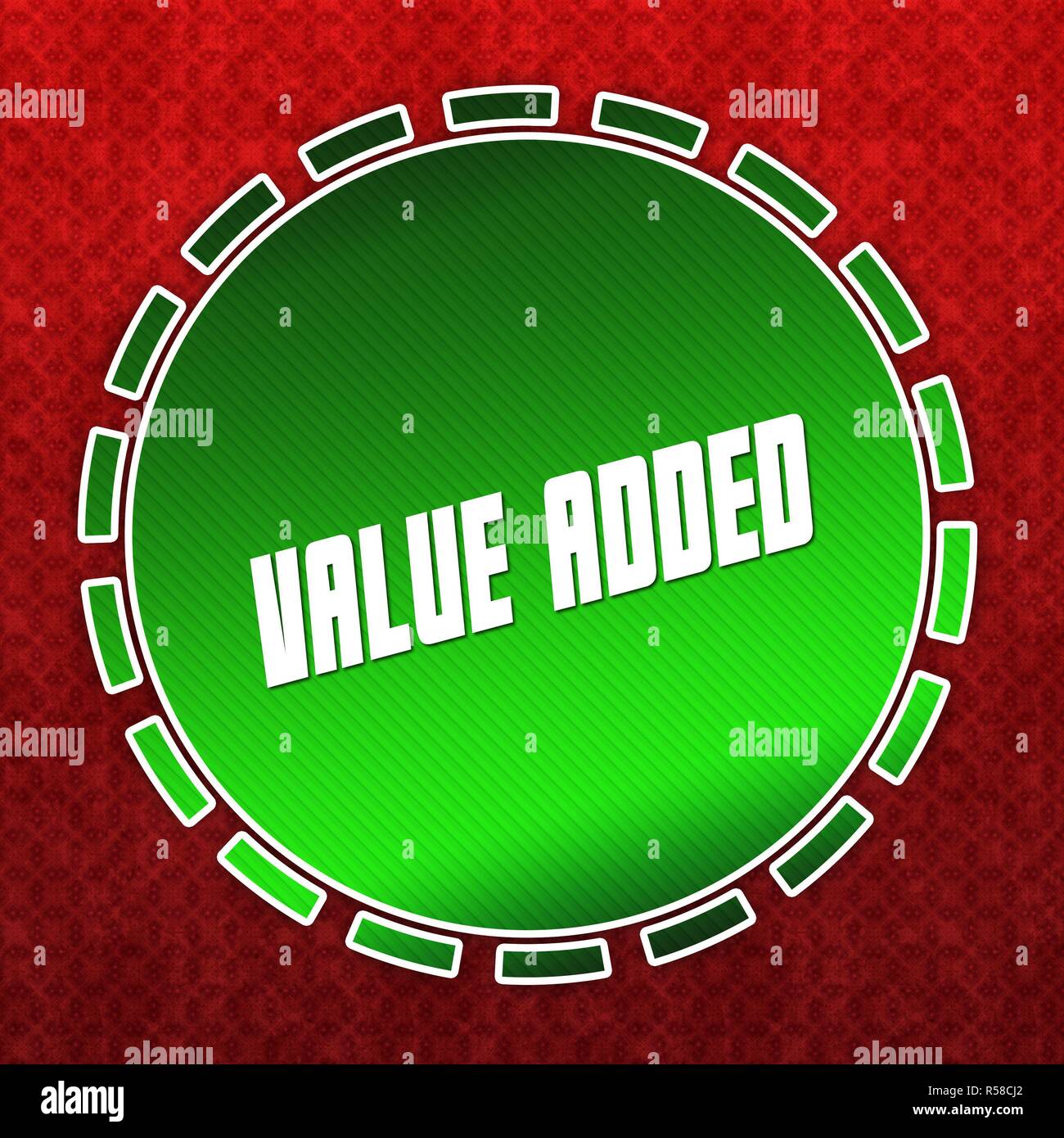 Green VALUE ADDED badge on red pattern background. Stock Photo