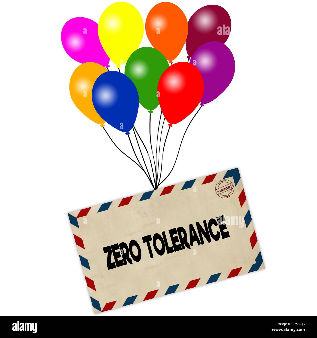 ZERO TOLERANCE on envelope pulled by coloured balloons isolated on white  background Stock Photo - Alamy