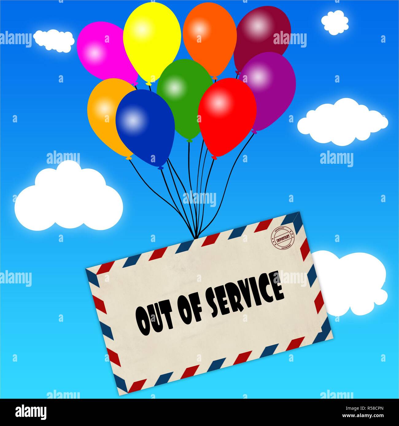 Envelope with OUT OF SERVICE message attached to multicoloured balloons on blue sky and clouds background. Stock Photo