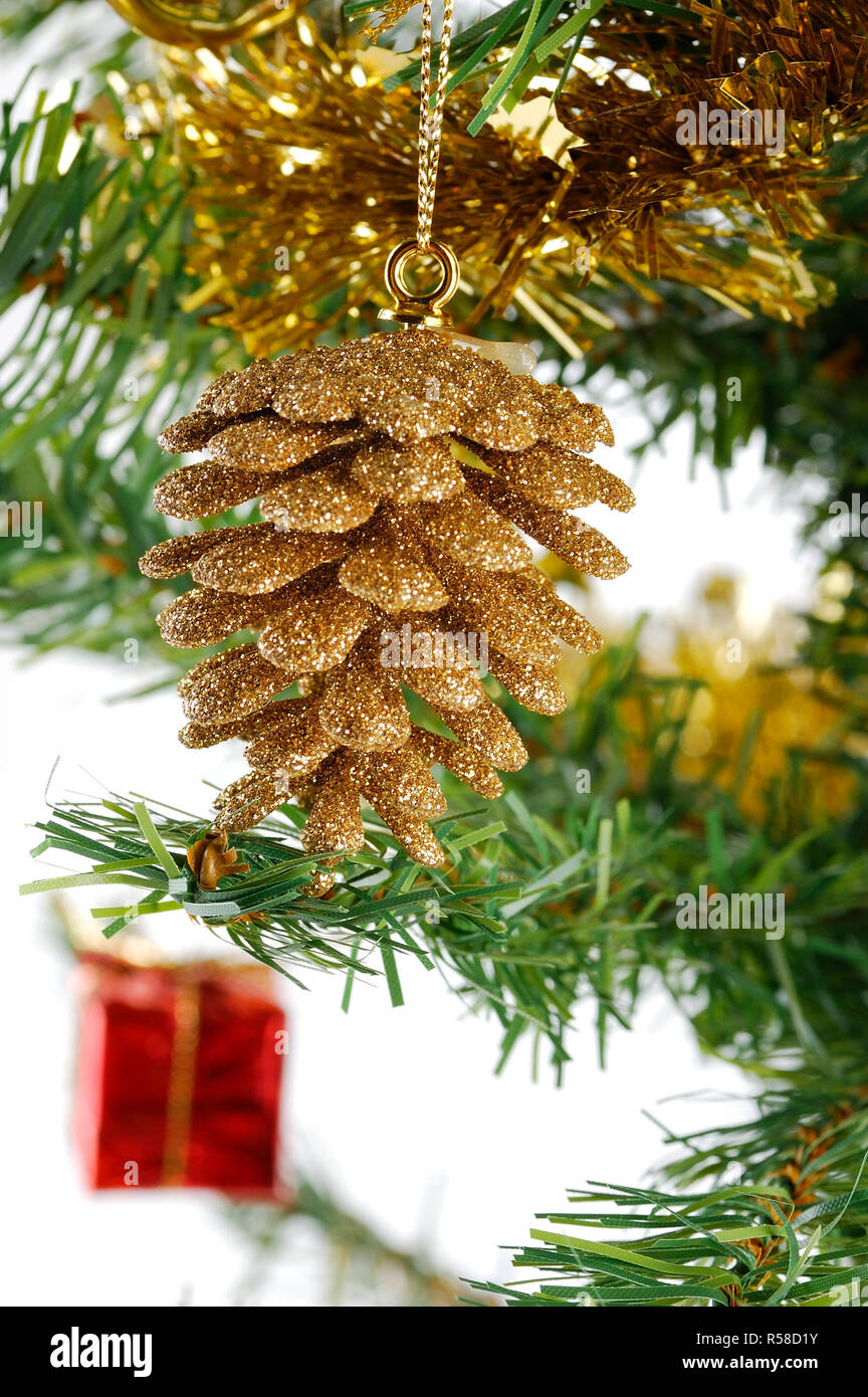 Christmas Gold Fir Cone on Tree Stock Photo Alamy