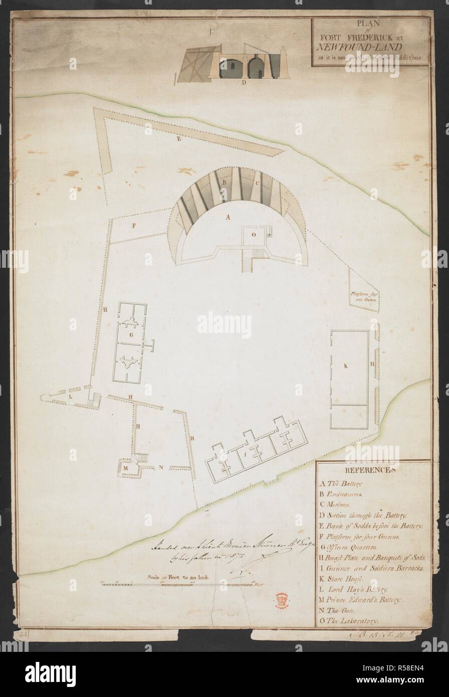 Plan of Fort Frederick at Newfound-land as it is now with new additions. St. John's harbour, and environs, Newfoundland. 18th century. Source: Add. 33231 ii. no.16. Stock Photo