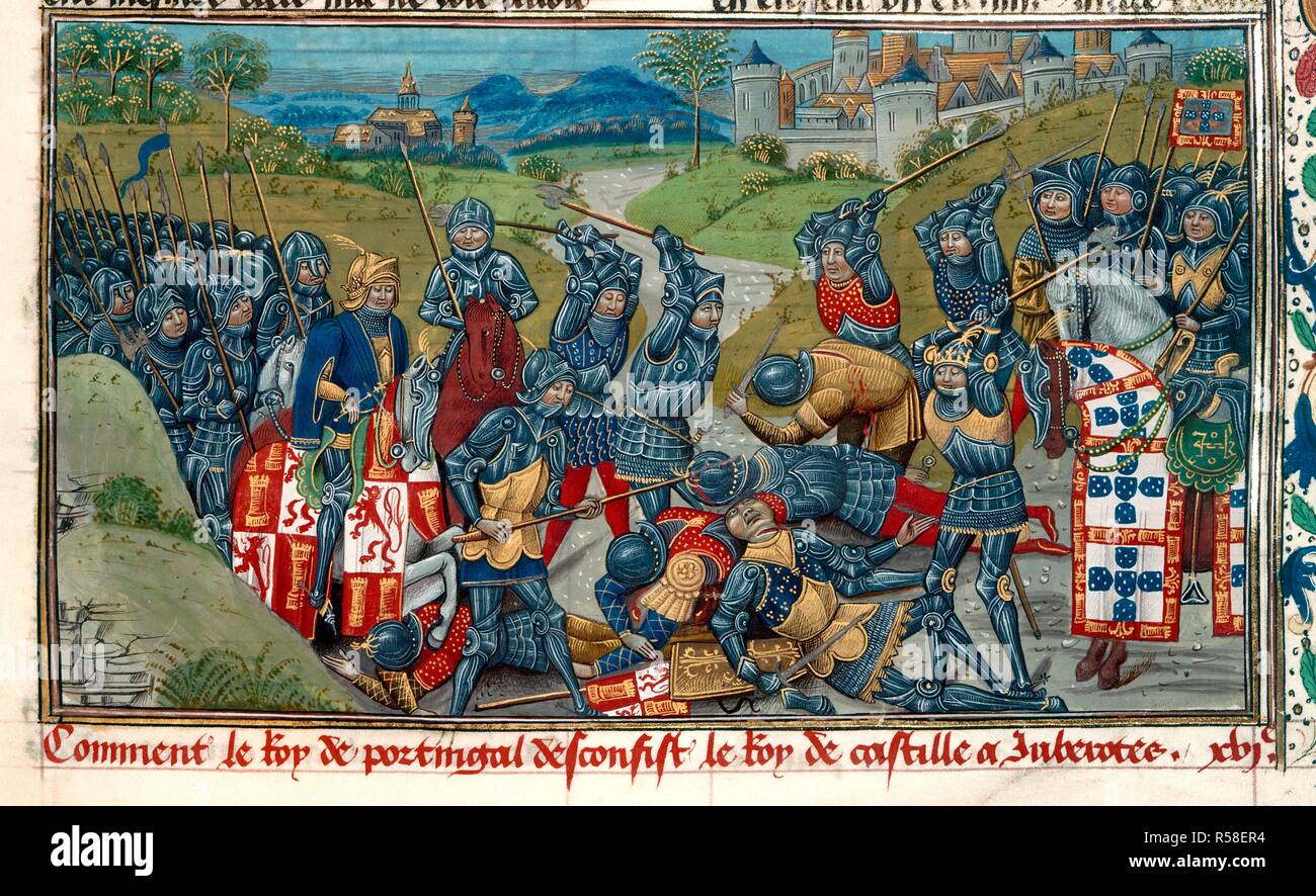 The King of Portugal fighting at the Battle of Aljubarrota. Chronique d' Angleterre (Volume III). S. Netherlands (Bruges), late 15th century. Source: Royal 14 E. IV, f.204. Language: French. Author: WAVRIN, JEAN DE. Seigneur de Forestel. Stock Photo