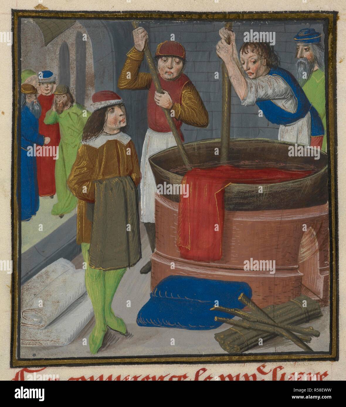 Dyers soaking red cloth in a heated barrel. Des Proprietez des Choses